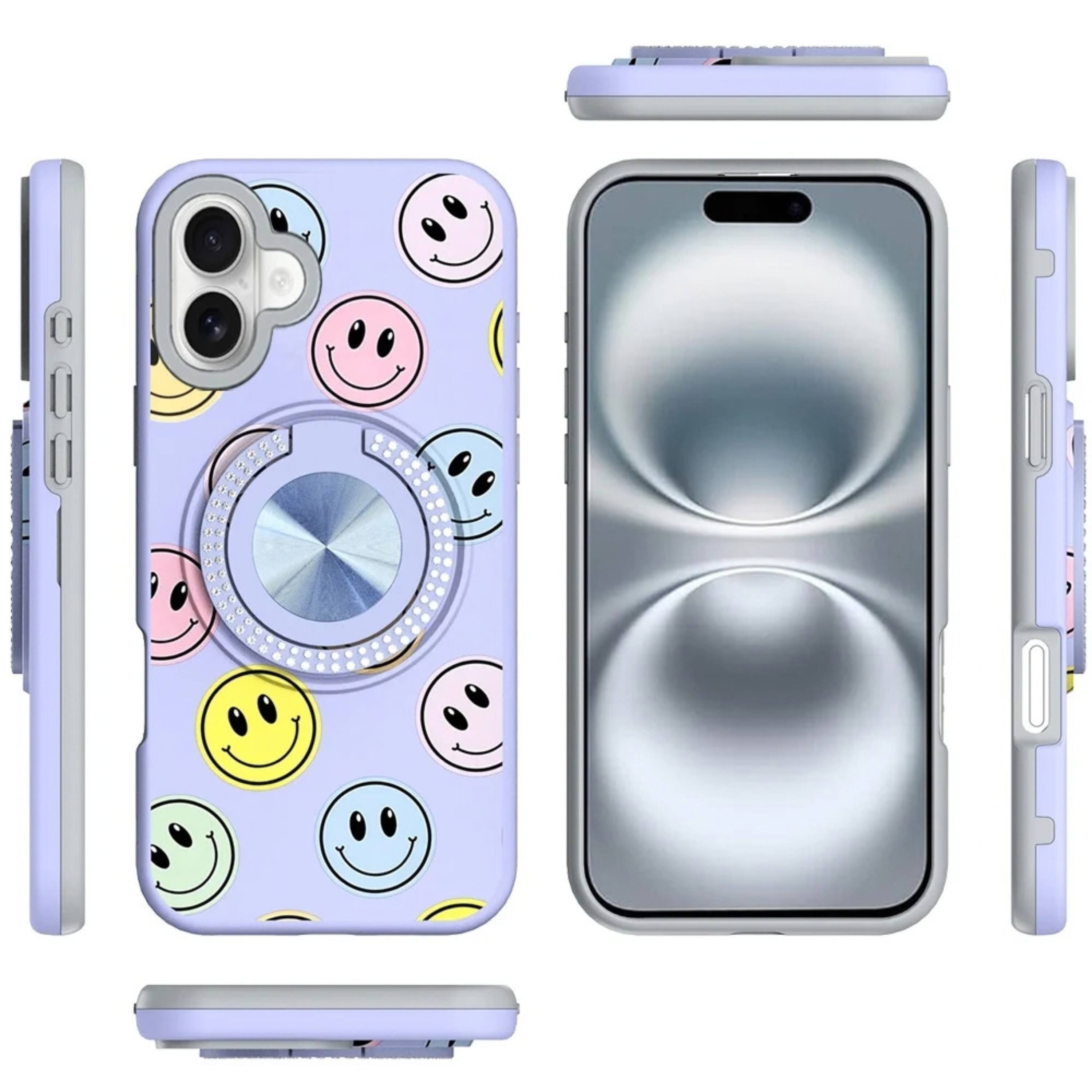 Angle. Kitcheniva - Decorative 360 Rotating Ring Stand Phone Case With Tempered Glass For iPhone 16 6.1 Inch Smiles - Smile.