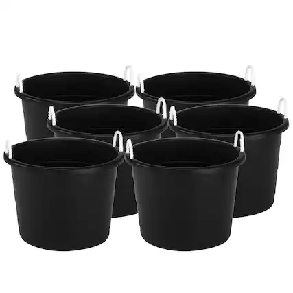Front. Homz - Homz 18 Gallon Plastic Utility Storage Bucket Tub w/ Rope Handles, Black, 6 Pack - Black.