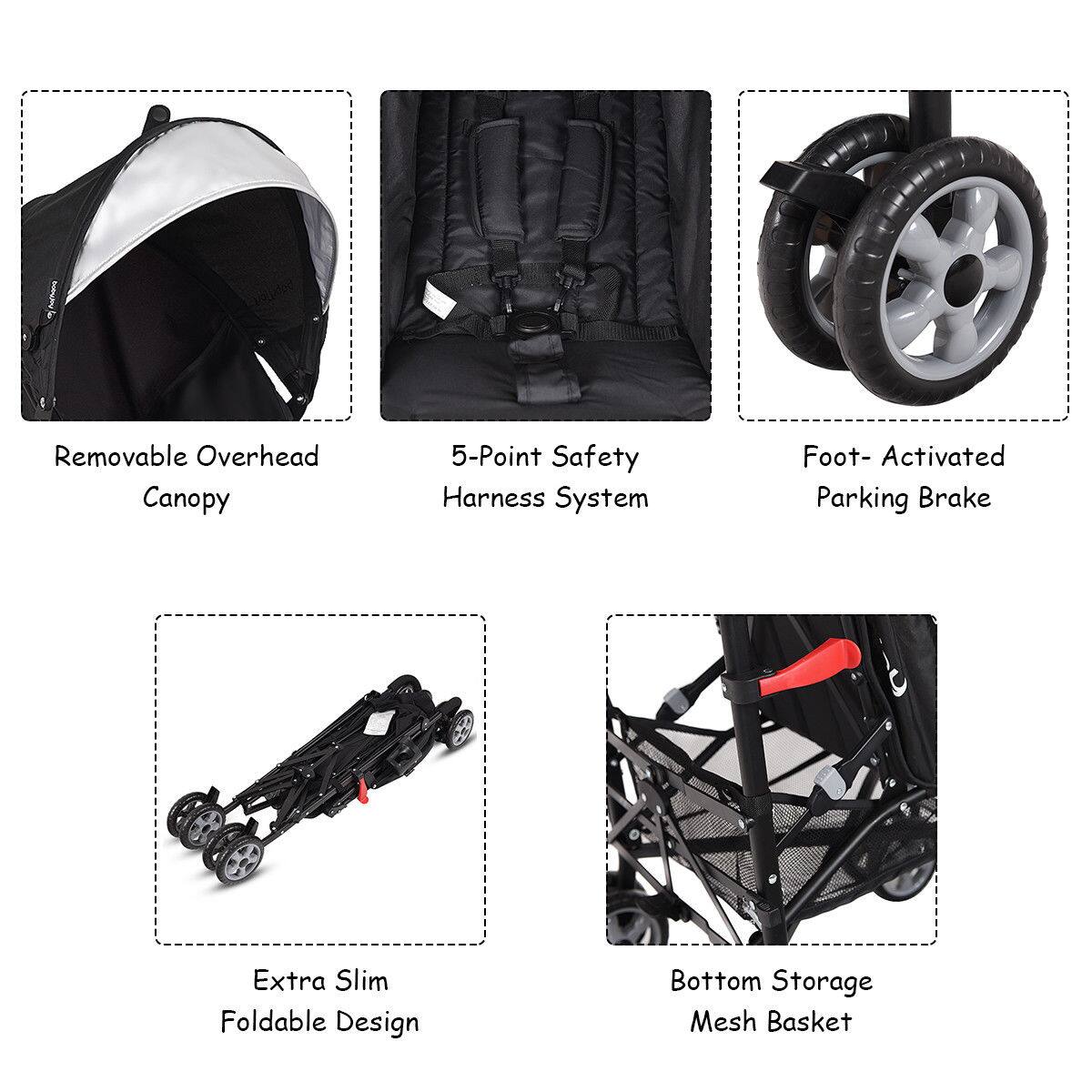 Removable Overhead Canopy, 5-Point Safety Harness System, Foot-Activated Parking Brake, Extra Slim Foldable Design, Bottom Storage Mesh Basket