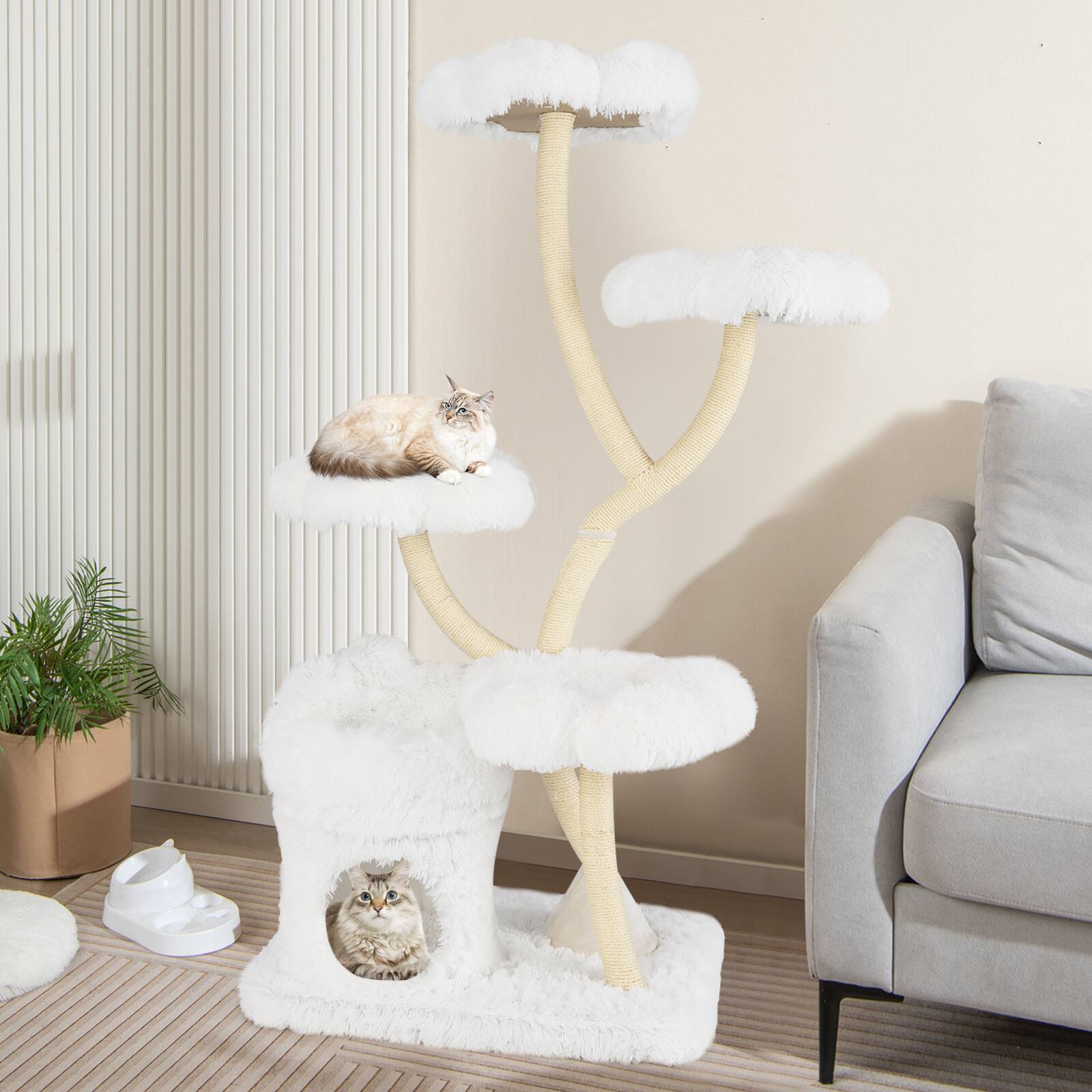 Alt View 1. Gymax - Gymax Freestanding Cat Tower Tall Cat Tree w/ four Flower-shaped Platforms Cat Condo White - GYM17358.