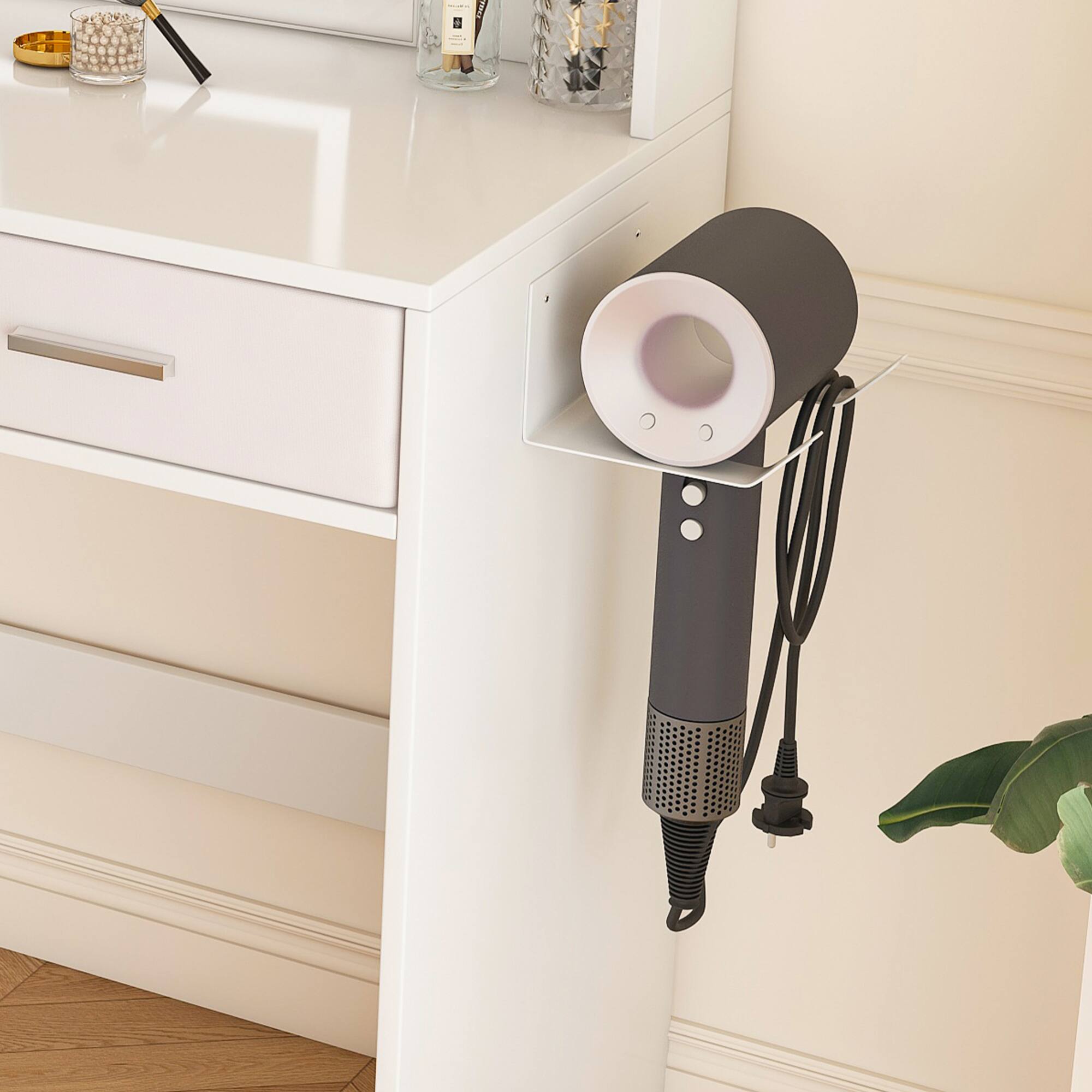 Angle. GOODSILO - Elegant LED Illuminated Vanity Dressing Table with Adjustable Lighting and Storage Solutions - White.