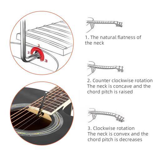 1. The natural flatness of the neck
2. Counter clockwise rotation The neck is concave and the chord pitch is raised
3. Clockwise rotation The neck is convex and the chord pitch is decreased