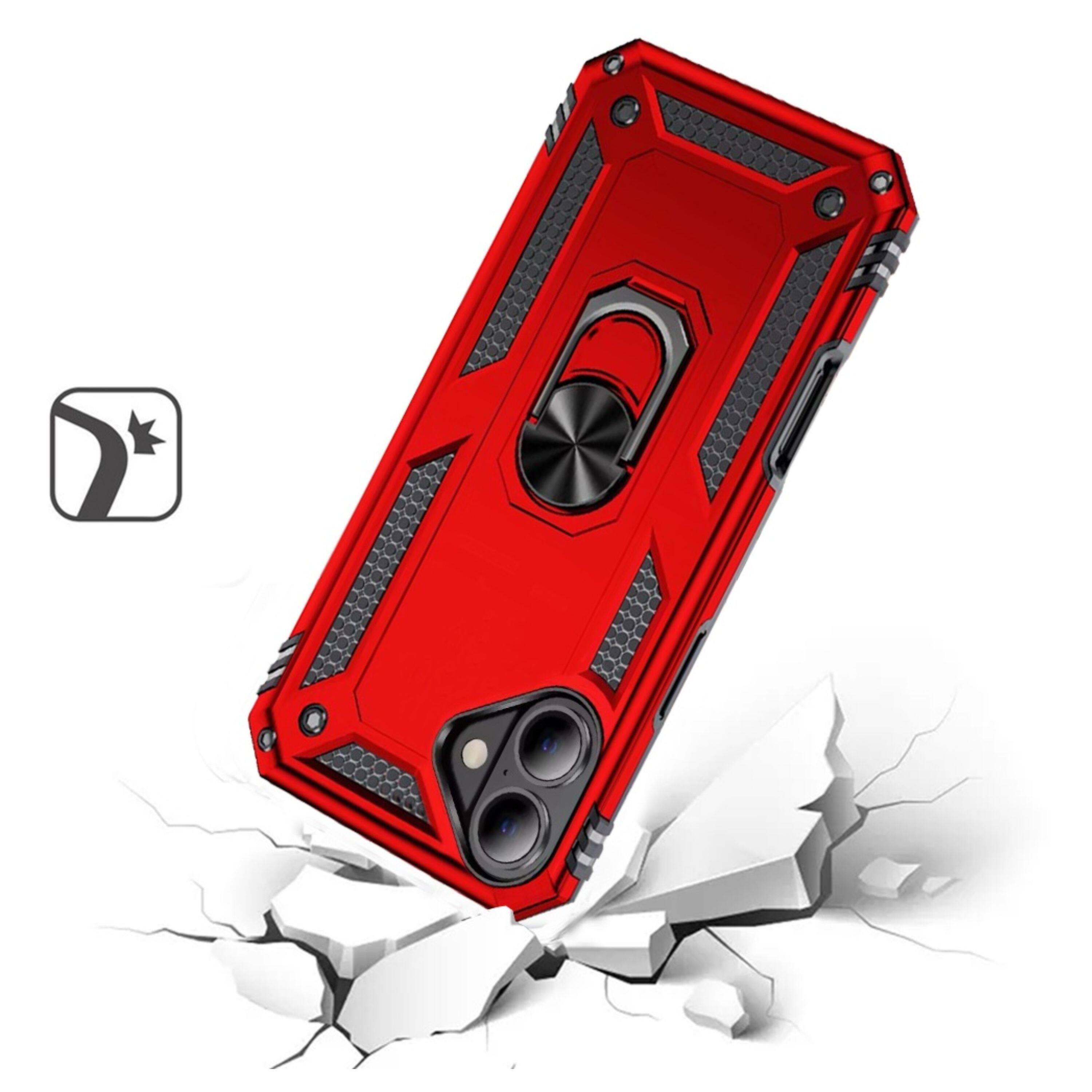 Left. Kitcheniva - Hybrid Ring Holder Magnetic Kickstand Phone Case With Tempered Glass For iPhone 16 Red - Red.