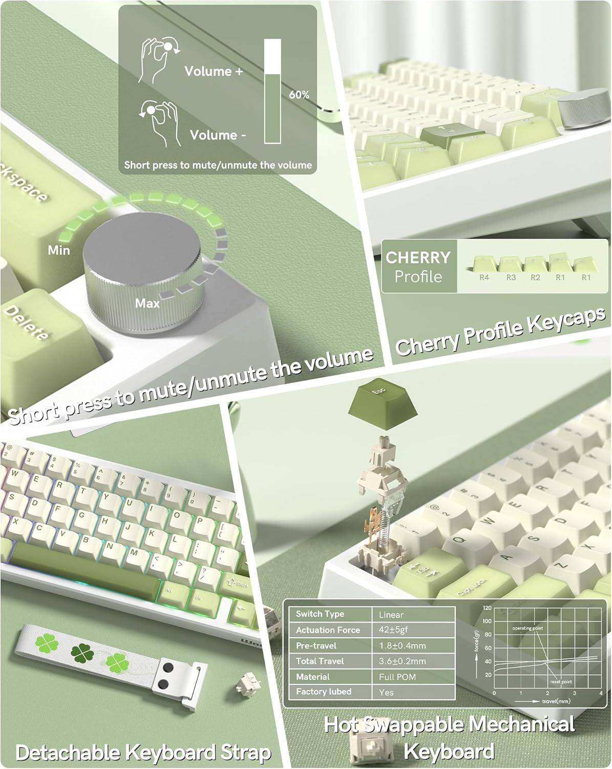 Volume + 60% kspace Volume - Short press to mute/unmute the volume

Min Delete Profile Keycaps

CHERRY Profile R4 R3 R2 R1 R1

Max

Switch Type Linear

Actuation Force 42±5gf

Pre-travel 1.8±0.4mm

Total Travel 3.6±0.2mm

Material Full POM

Factory lubed Yes

Hot Swappable Mechanical

Detachable Keyboard Strap