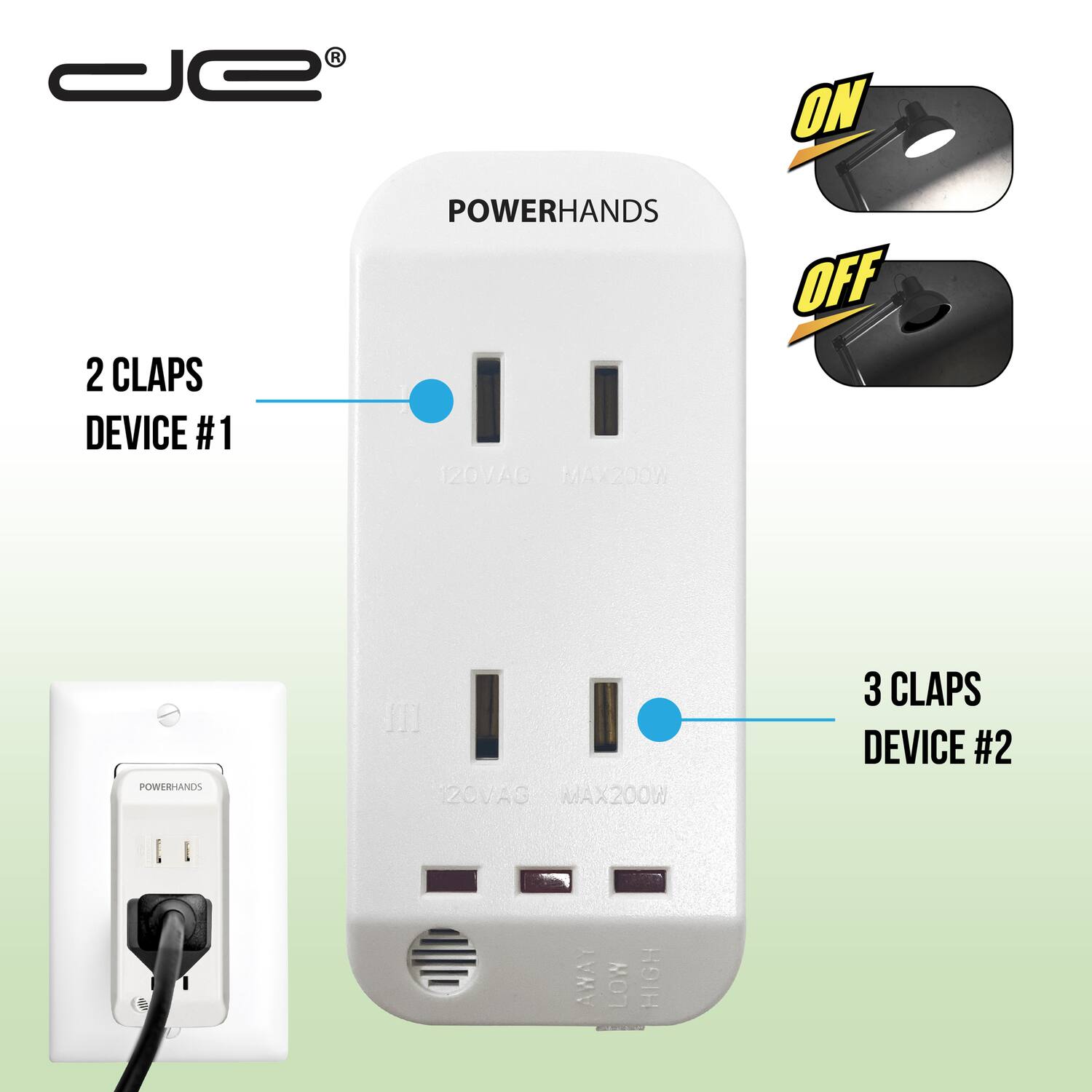 - 2 CLAPS DEVICE #1
- 3 CLAPS DEVICE #2
- POWERHANDS
- 120VAC MAX200W
- AWAY LOW HIGH
- ON
- OFF