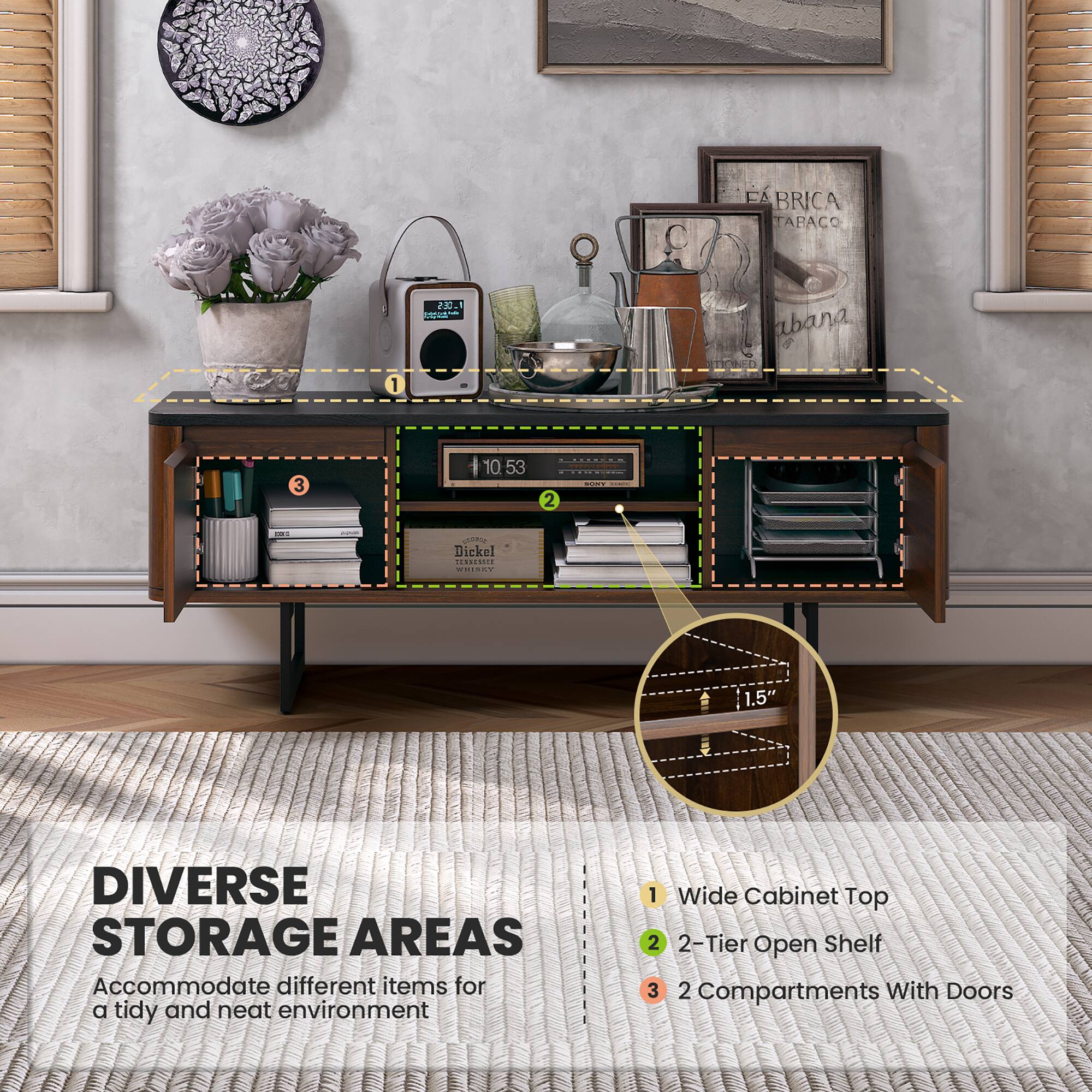 Diverse Storage Areas: Accommodate different items for a tidy and neat environment. 1. Wide Cabinet Top, 2. 2-Tier Open Shelf, 3. 2 Compartments With Doors.