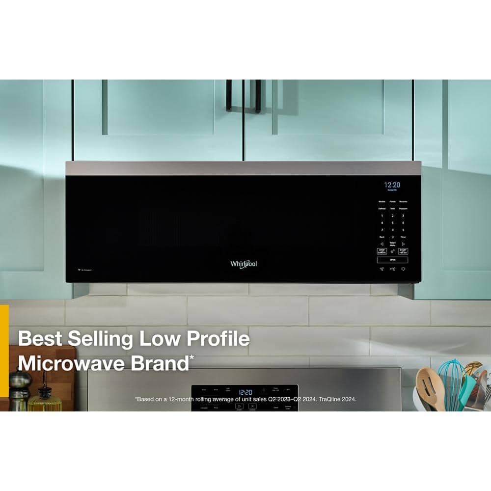 The text on the image reads: "Whirlpool - Best Selling Low Profile Microwave Brand* Based on a 12-month rolling average of unit sales Q2-2023-O2 2024."