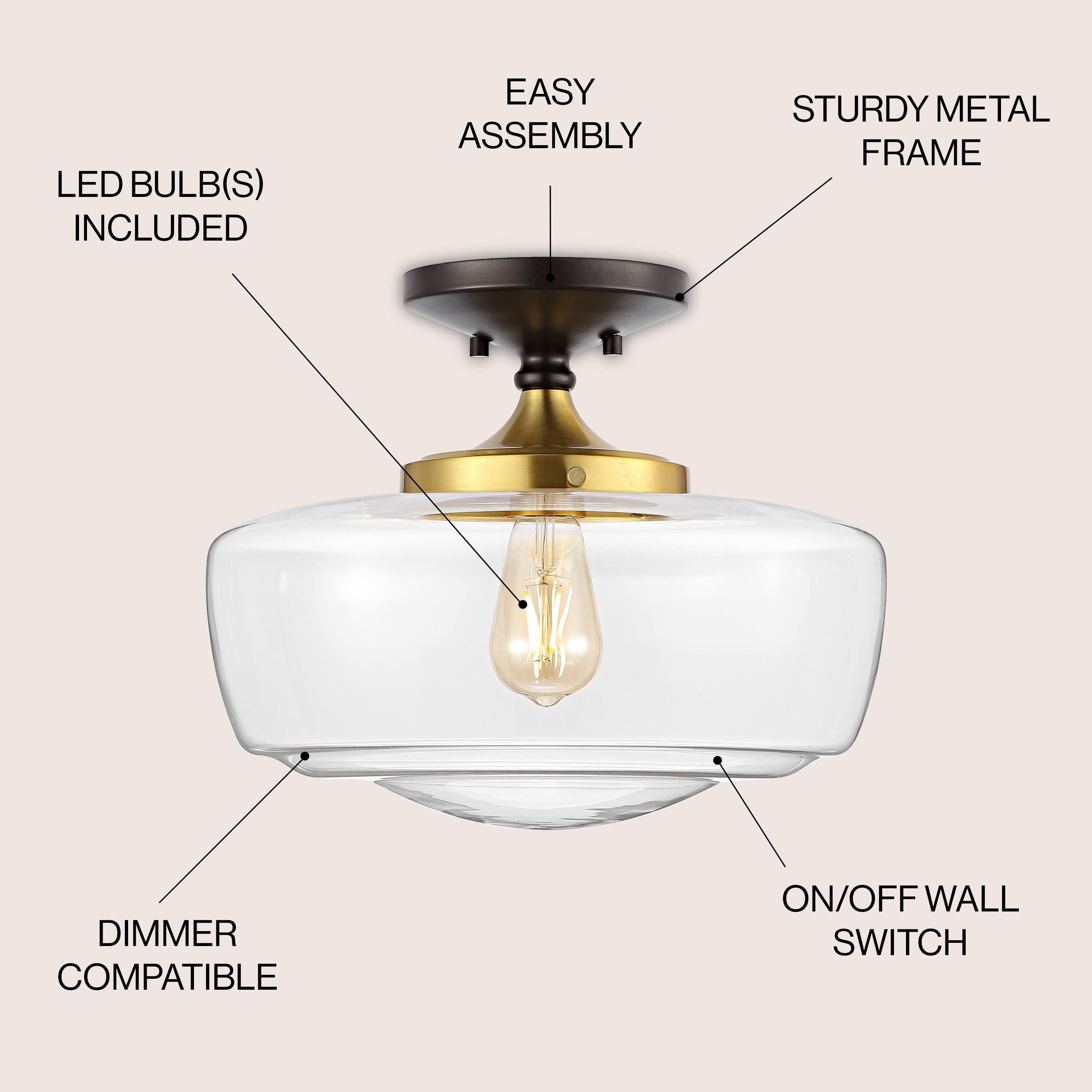 LED BULB(S) INCLUDED  
EASY ASSEMBLY  
STURDY METAL FRAME  
DIMMER COMPATIBLE  
ON/OFF WALL SWITCH