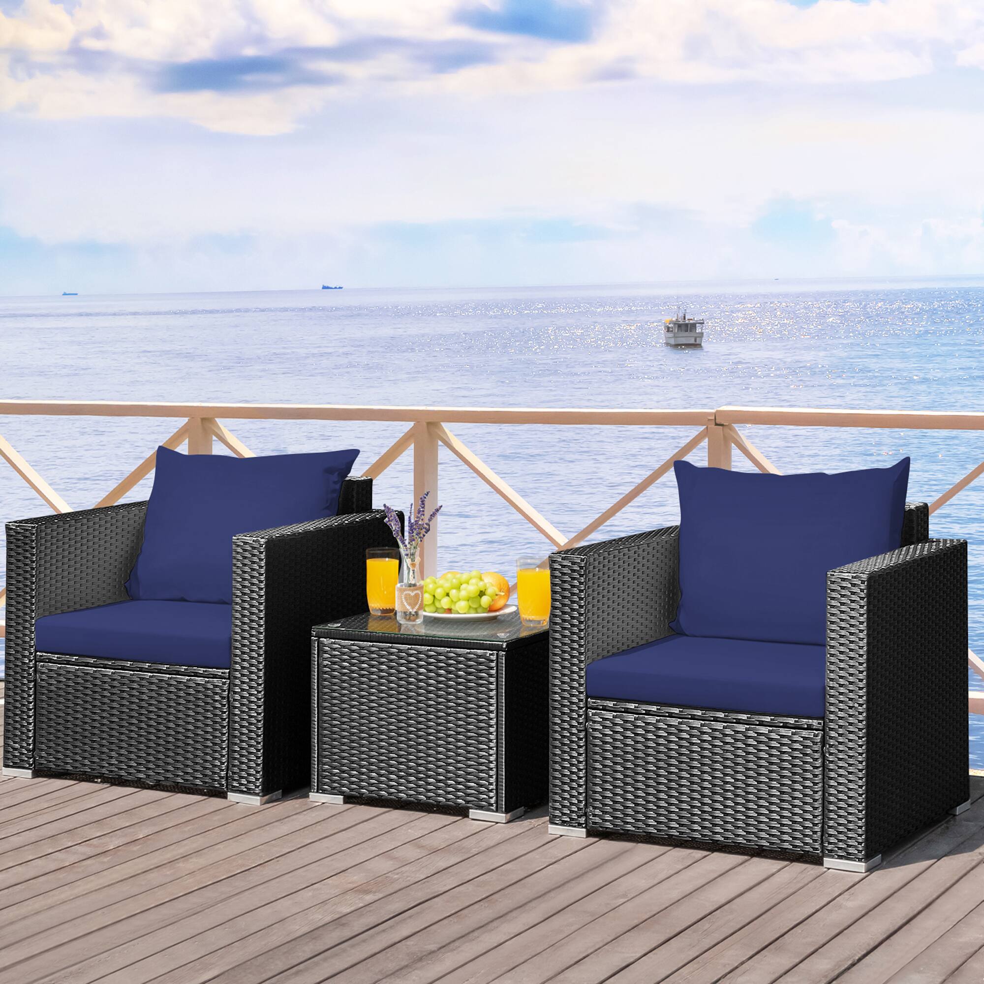 Alt View 3. Gymax - Gymax 3PCS Rattan Patio Conversation Furniture Set Outdoor w/ Navy Cushions - Black.