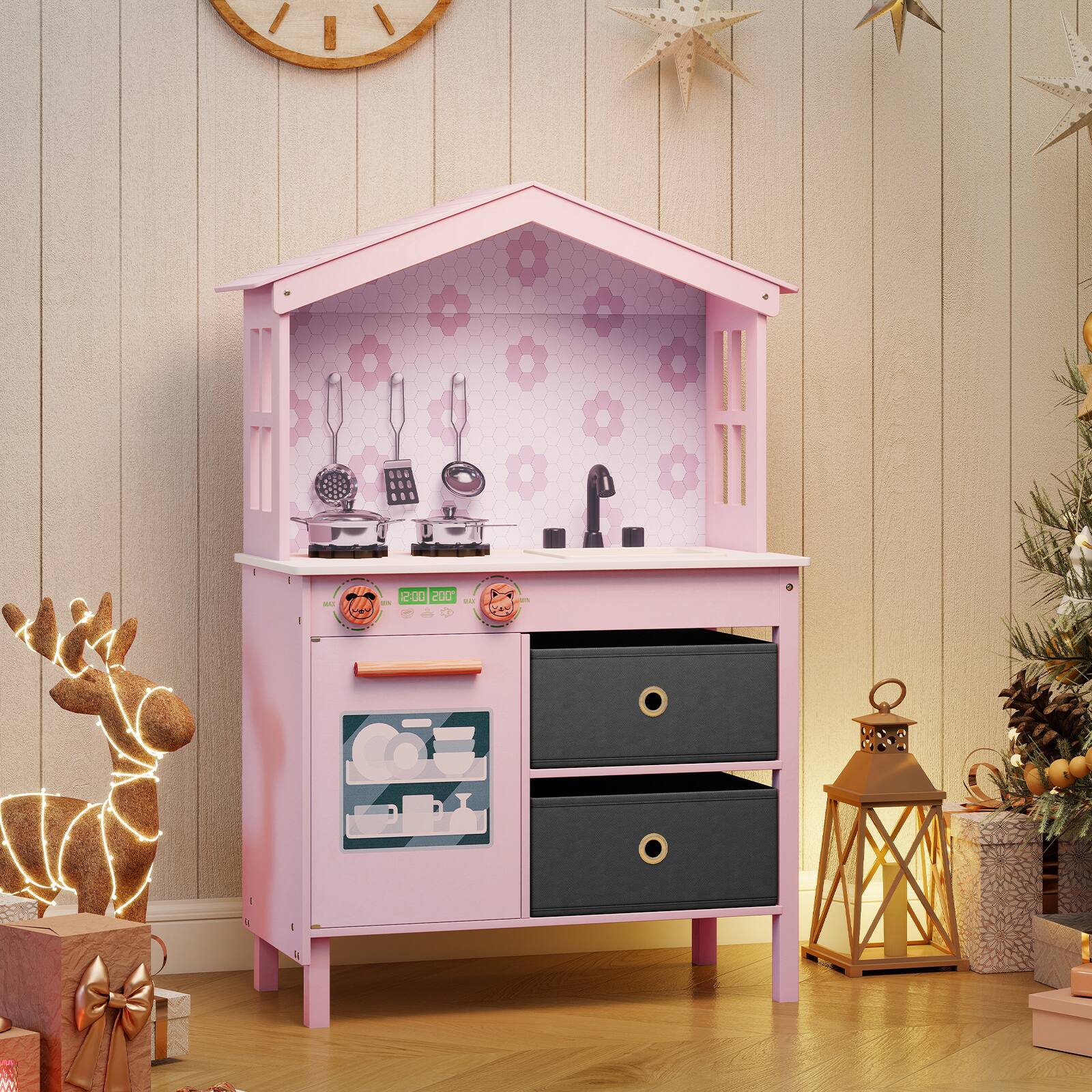 Alt View 1. Gymax - Gymax Kids Play Kitchen w/2 Stoves Rotation Knobs Faucet Sink Dishwasher Drawers - Pink.