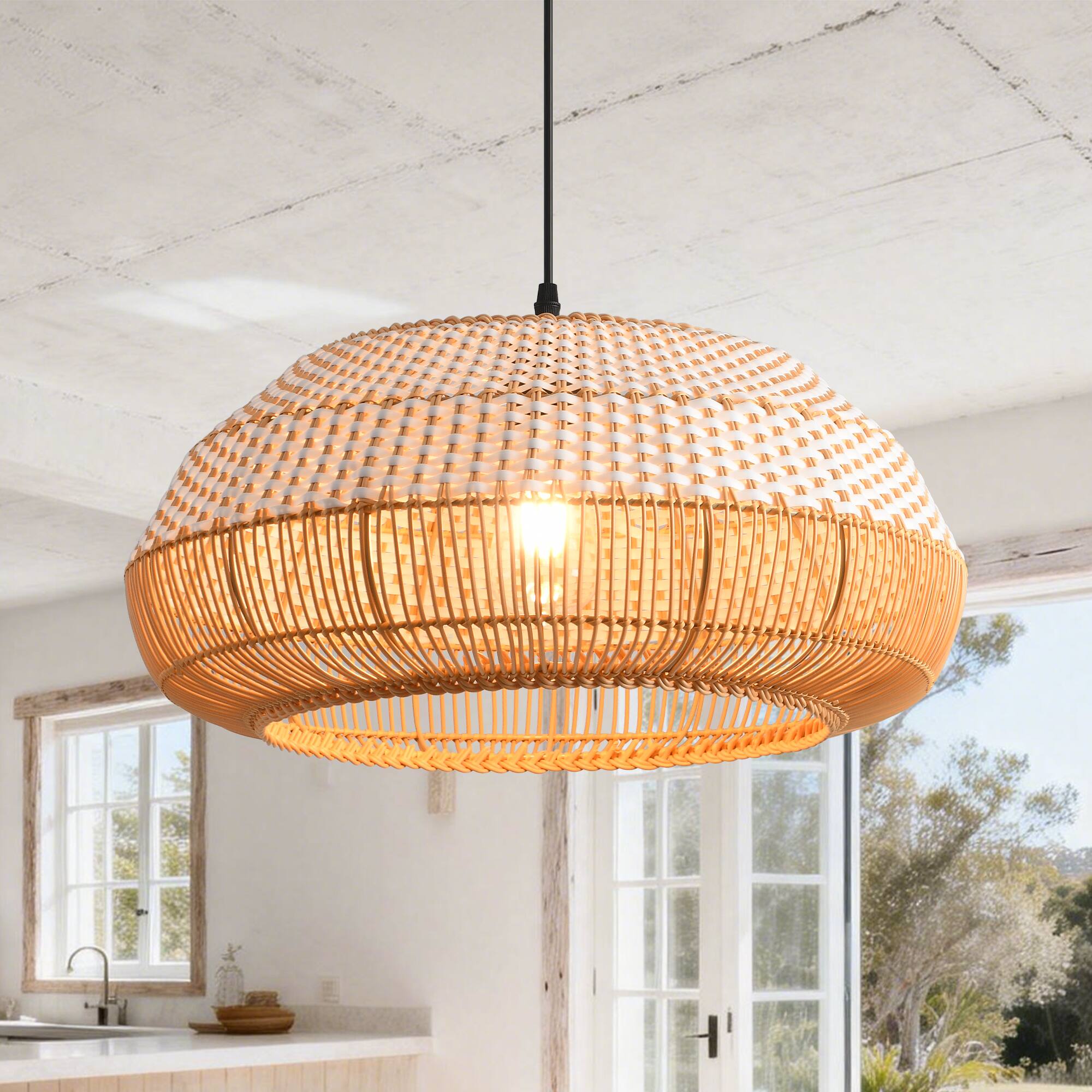 Alt View 2. Parrot Uncle - 1-Light Coastal Retro Brown Rattan Hand-Woven Cloche Hanging Cage Pendant Light - Brown.