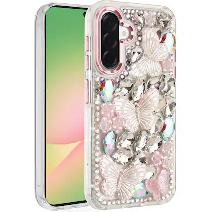 Front. Kitcheniva - Diamond Butterflies Bling Phone Case With Tempered Glass For Samsung Galaxy A57 5G Pink - Pink.