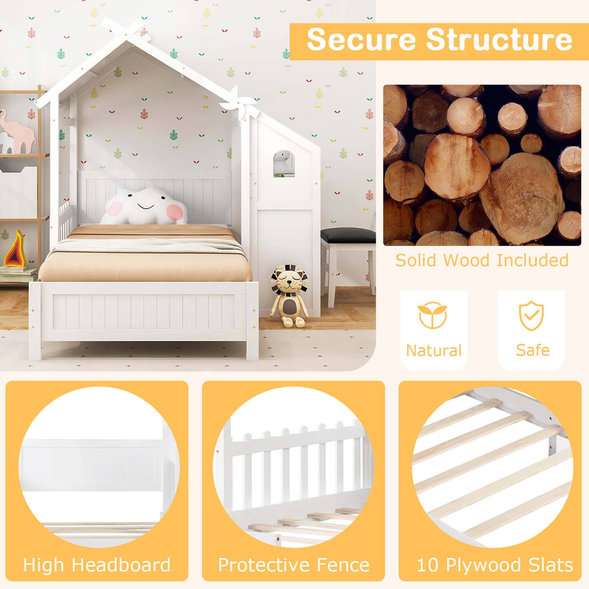 Secure Structure: Solid Wood Included, Natural, Safe, High Headboard, Protective Fence, 10 Plywood Slats.