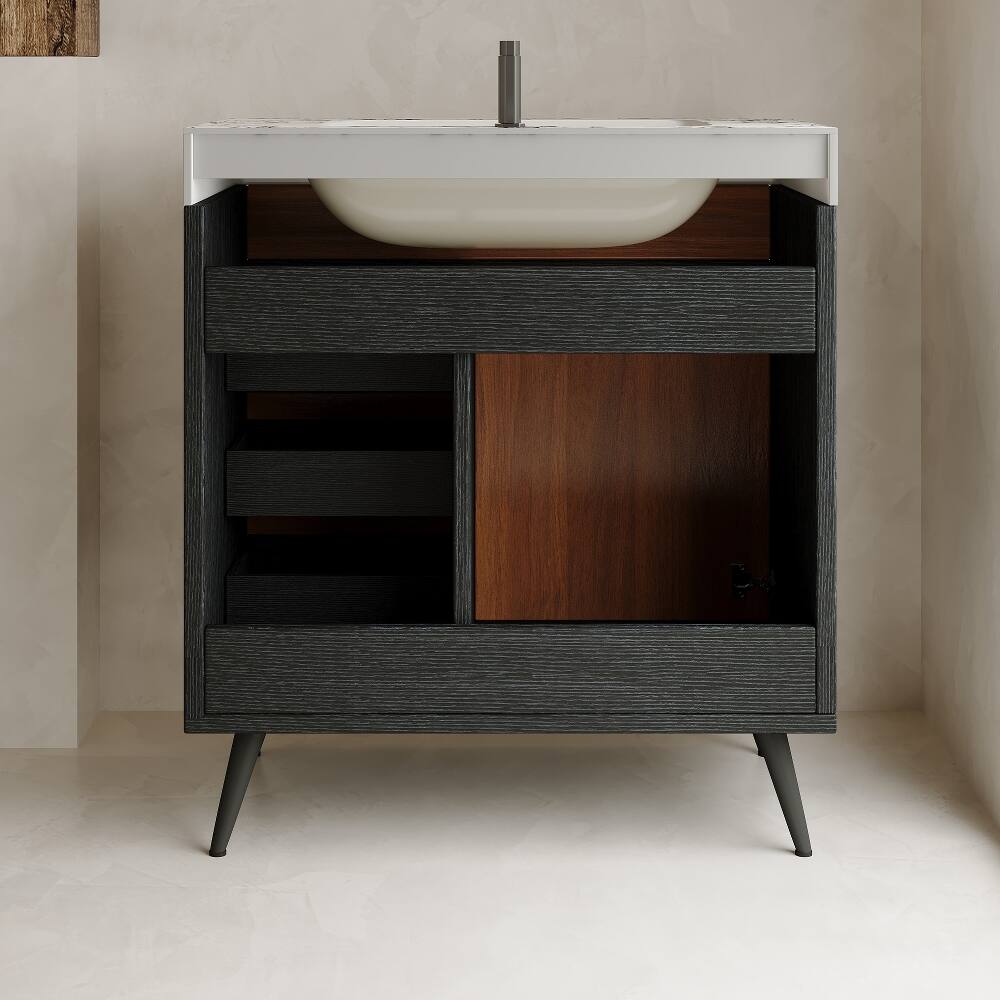 Alt View 3. Loheer - Loheer 30 inch freestanding bathroom vanity with sintered stone vanity top and ceramic sink - Walnut.