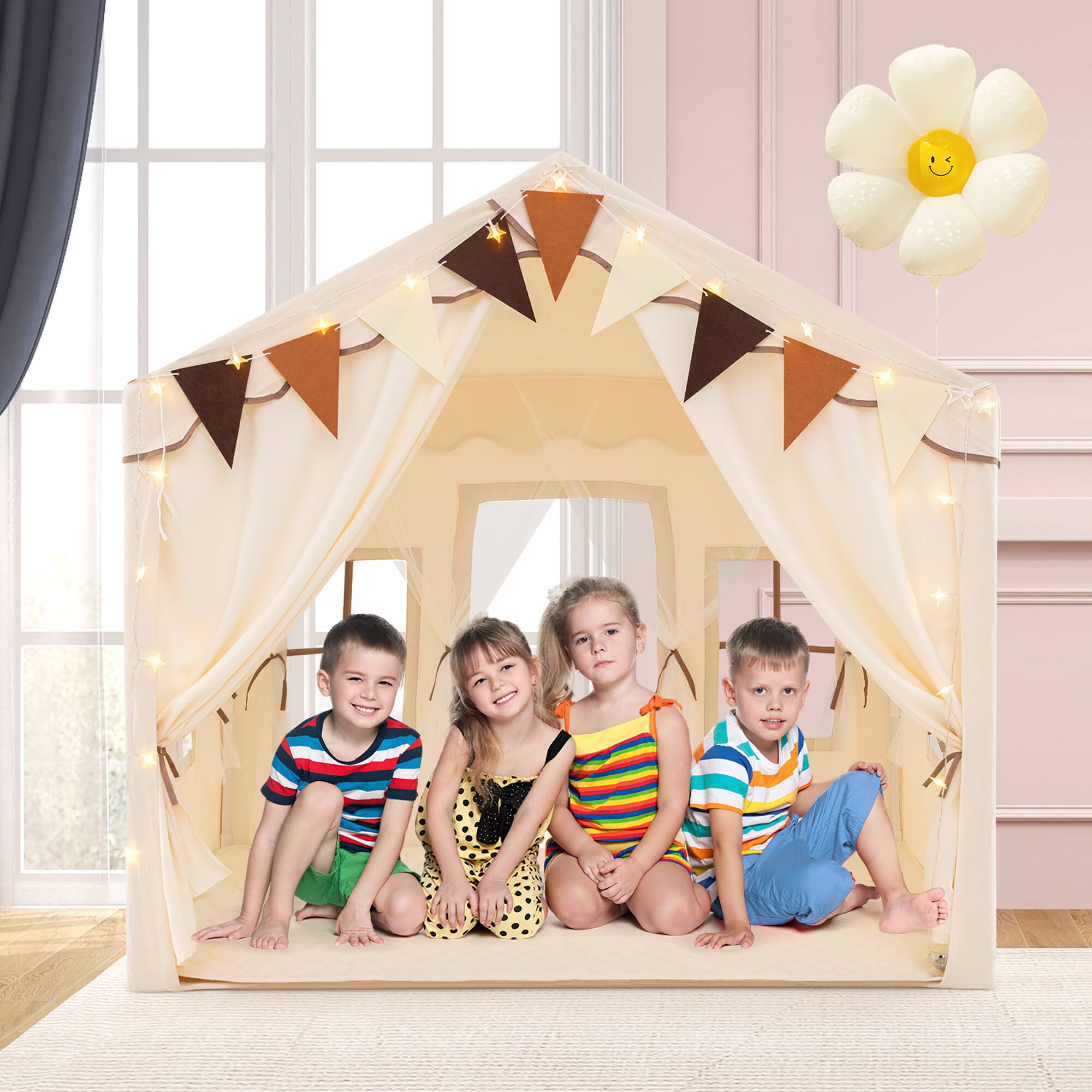 Alt View 1. Gymax - Gymax 3-4 Kids Large Play Tent House w/ 2 Opening Doors Star Lights & Plaid Pennants Beige - Beige.