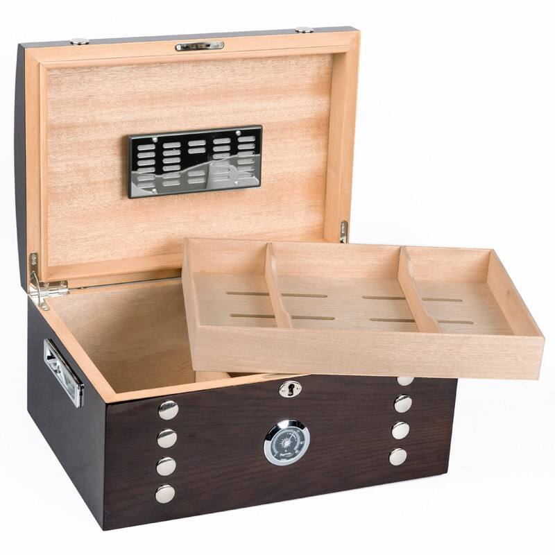 Alt View 5. Prestige - Montpellier Studded Humidor - High Gloss Elm Wood Deep Brown Finish.