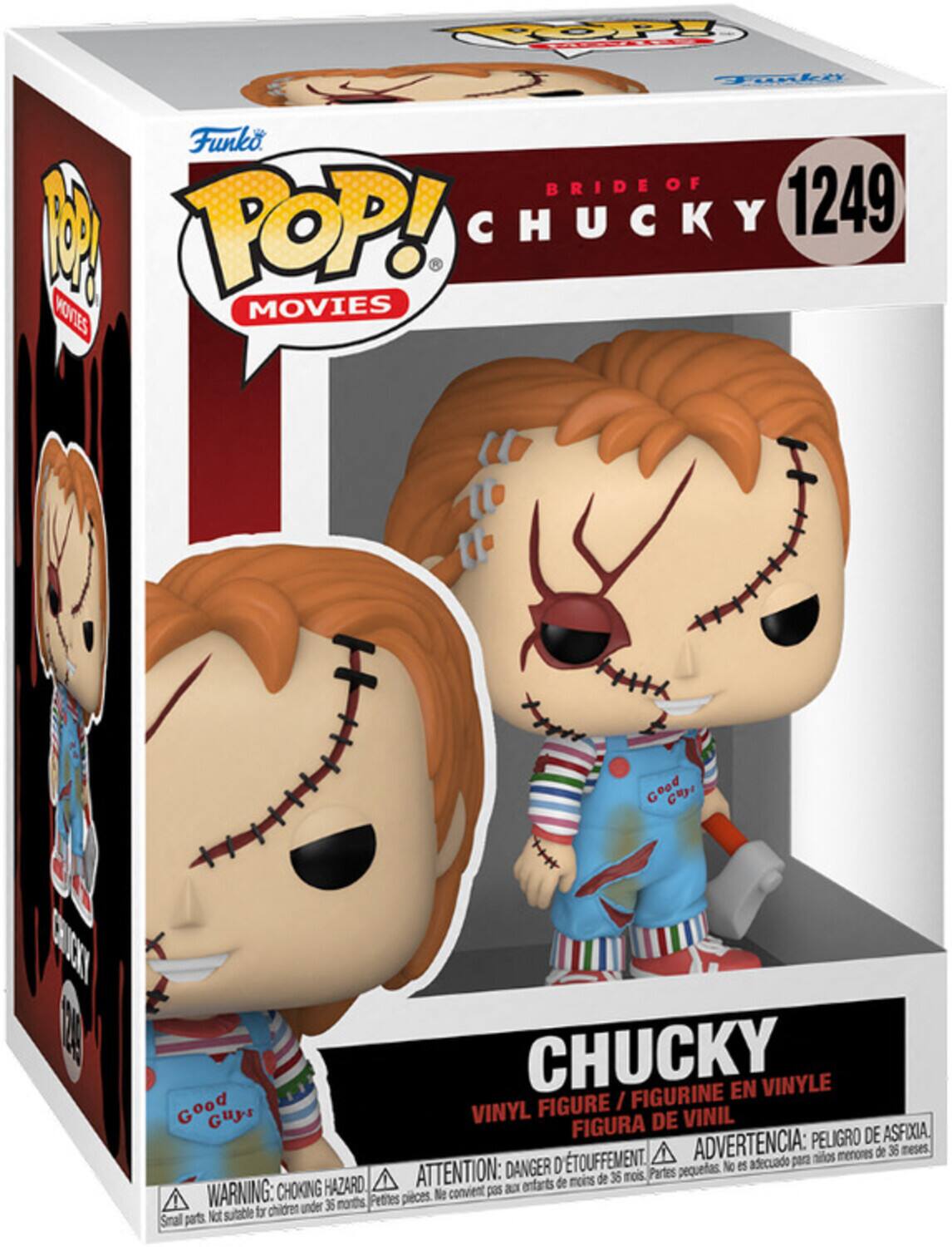 Sure, here is the corrected and grouped text from the image:

---

**Funko POP! MOVIES**

**BRIDE OF CHUCKY**

**1249**

**CHUCKY**

**VINYL FIGURE / FIGURINE EN VINYLE / FIGURA DE VINIL**

**WARNING: CHOKING HAZARD**  
**ATTENTION: DANGER D'ÉTOUFFEMENT**  
**ADVERTENCIA: PEIGRO DE ASFIXIA**  
**CONSEIL: RISQUE D'ÉTINCEMENT**  
**ADVERTENCIA: PEIGRO DE ASFIXIA**  
**WARNING: CHOKING HAZARD**  
**ATTENTION: DANGER D'ÉTOUFFEMENT**  
**ADVERTENCIA: PEIGRO DE ASFIXIA**  
**CONSEIL: RISQUE D'ÉTINCEMENT**  
**ADVERTENCIA: PEIGRO DE ASFIXIA**  
**WARNING: CHOKING HAZARD**  
**ATTENTION: DANGER D'ÉTOUFFEMENT**  
**ADVERTENCIA: PEIGRO DE ASFIXIA**  
**CONSEIL: RISQUE D'É