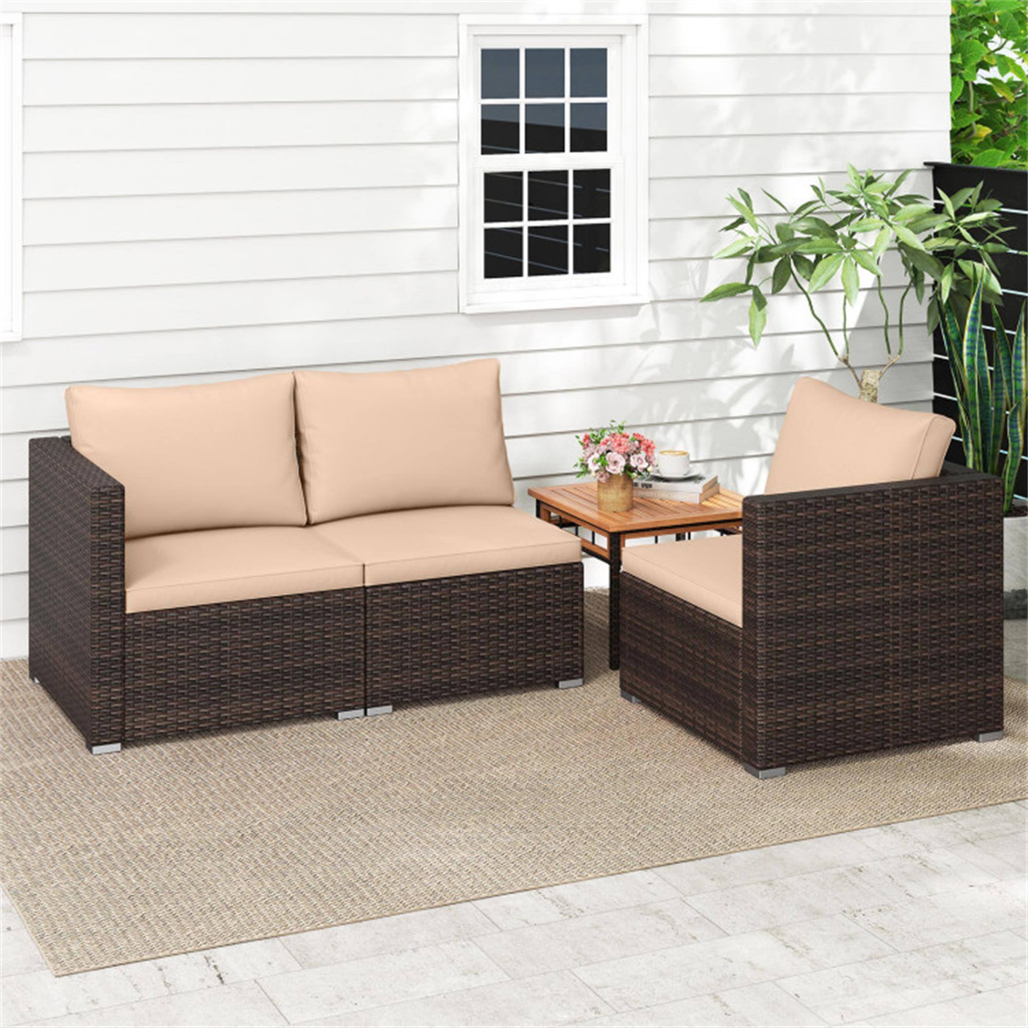 Alt View 4. Boyel Living - Brown 3-Piece Patio Sectional Sofa Set PE Rattan Modular Couch with Soft Cushions 76.0-in L x 24.5-in W x 26.5-in H - Brown.