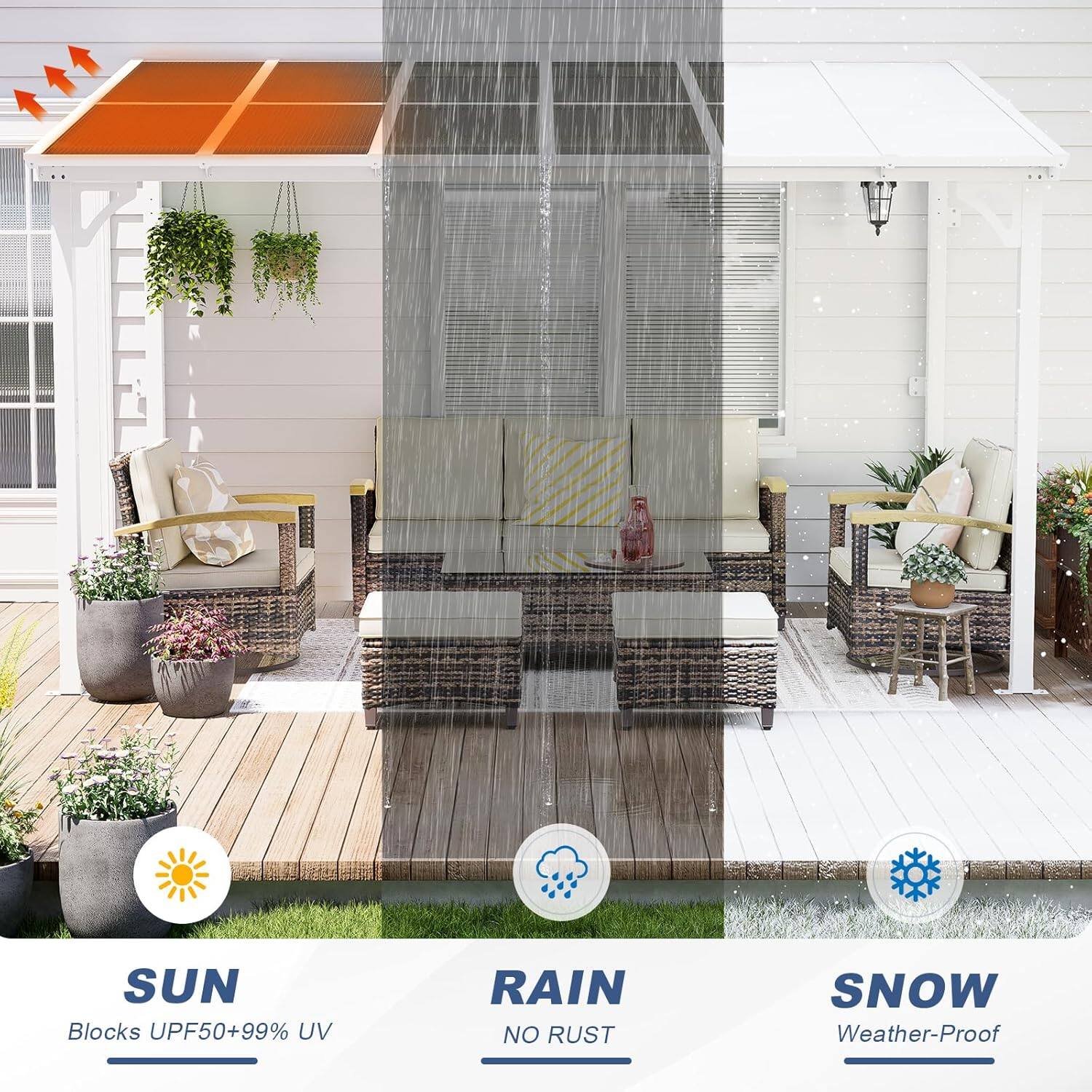 SUN  
Blocks UPF50+99% UV  

RAIN  
NO RUST  

SNOW  
Weather-Proof