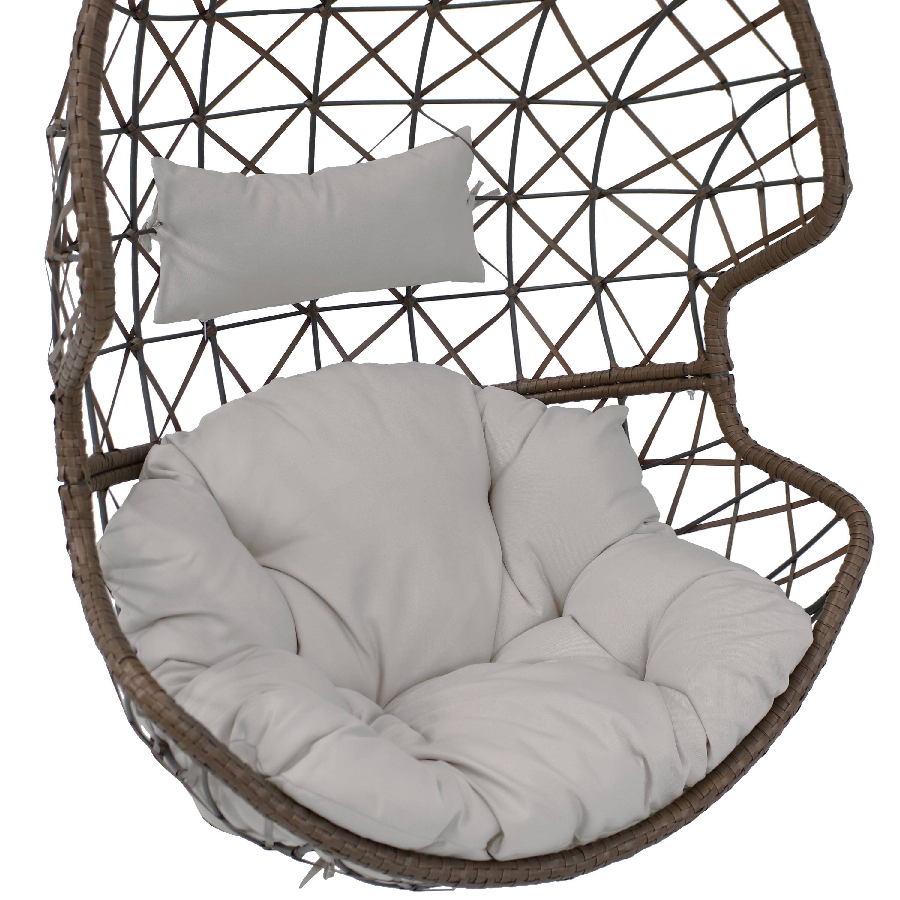 Alt View 5. Sunnydaze - Brown Resin Wicker Basket Hanging Egg Chair with Cushions - Gray Cushions.