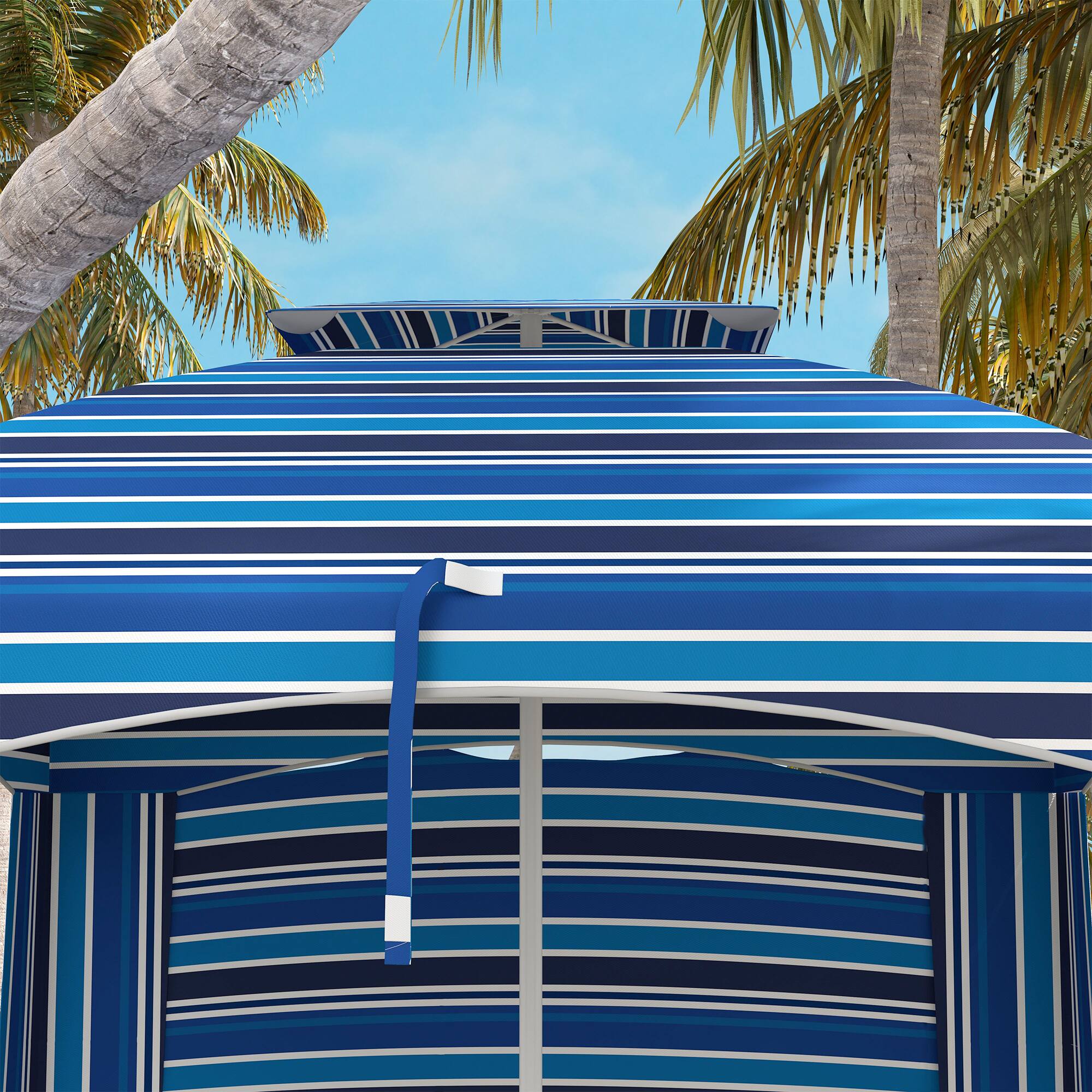 Alt View 4. Outsunny - 5.8' x 5.8' Portable Beach Umbrella with Double-Top, Ruffled Outdoor Cabana with Walls, Vents, Sandbags, Carry Bag - Blue Strip.