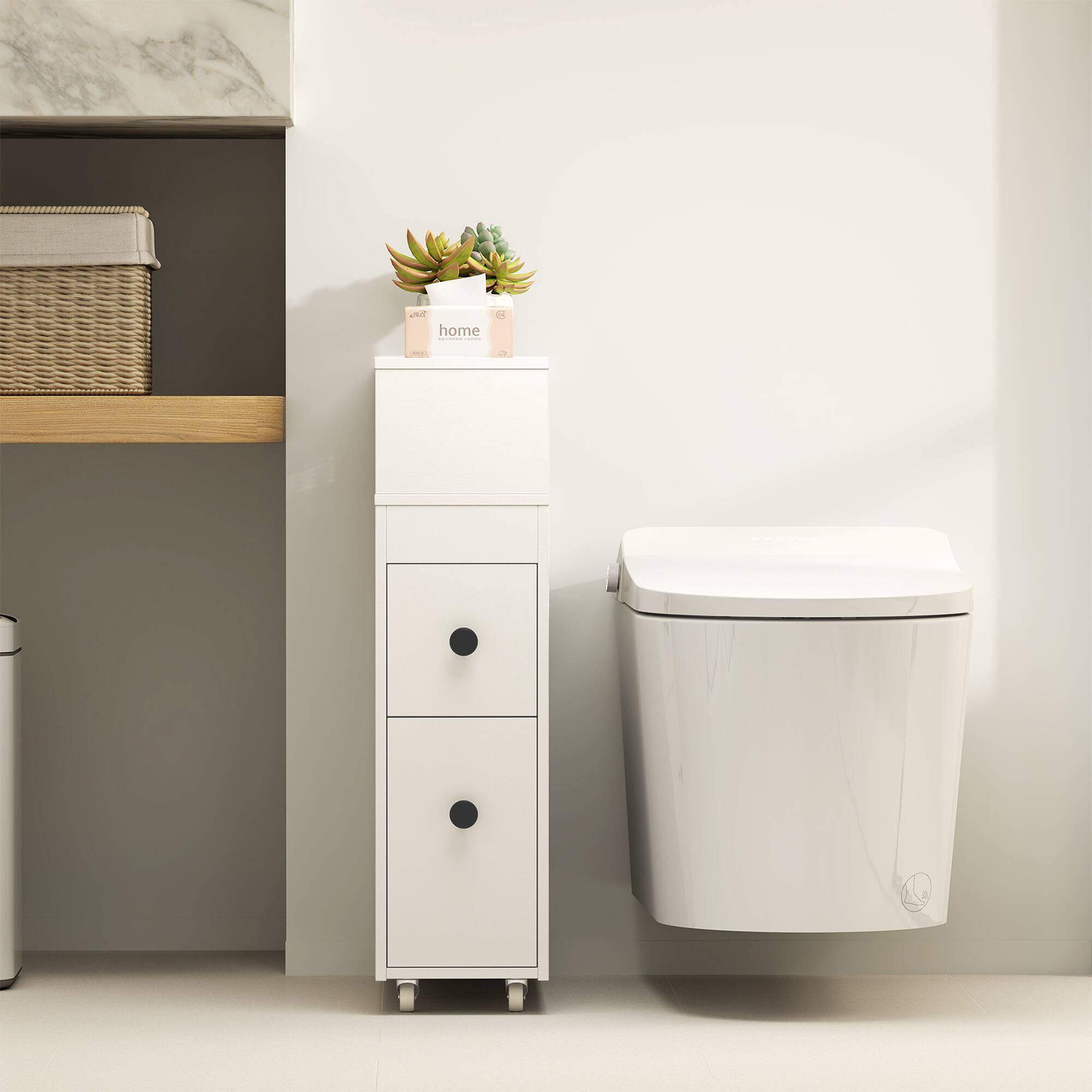 Alt View 3. Costway - Costway Movable Bathroom Storage Cabinet Narrow Toilet Side Paper Holder w/ 2 Drawers - White.