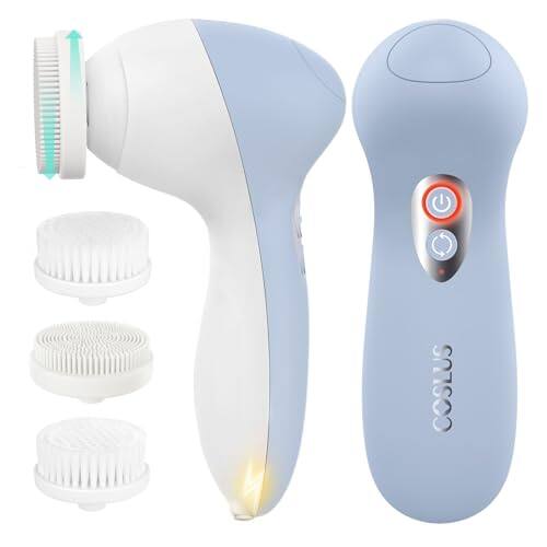 Front. ESBANY - Powered Facial Cleansing Brush: Rechargeable Electric Face Cleanser for Sensitive & Acne-Prone Skin, 3 Brush Heads, 3.