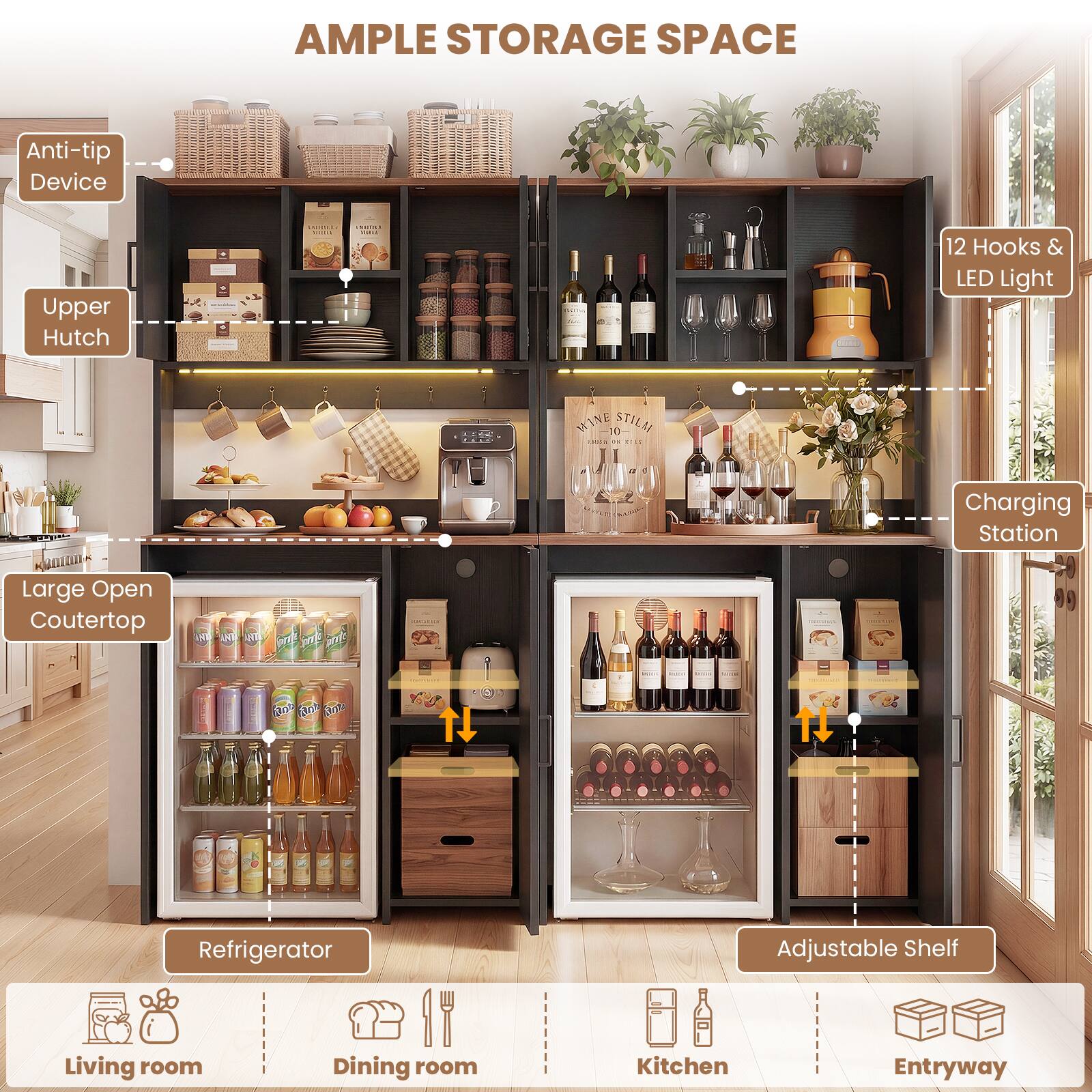 AMPLE STORAGE SPACE

- Anti-tip Device
- Upper Hutch
- 12 Hooks & LED Light
- Large Open Countertop
- Refrigerator
- Adjustable Shelf
- Charging Station

Living room | Dining room | Kitchen | Entryway