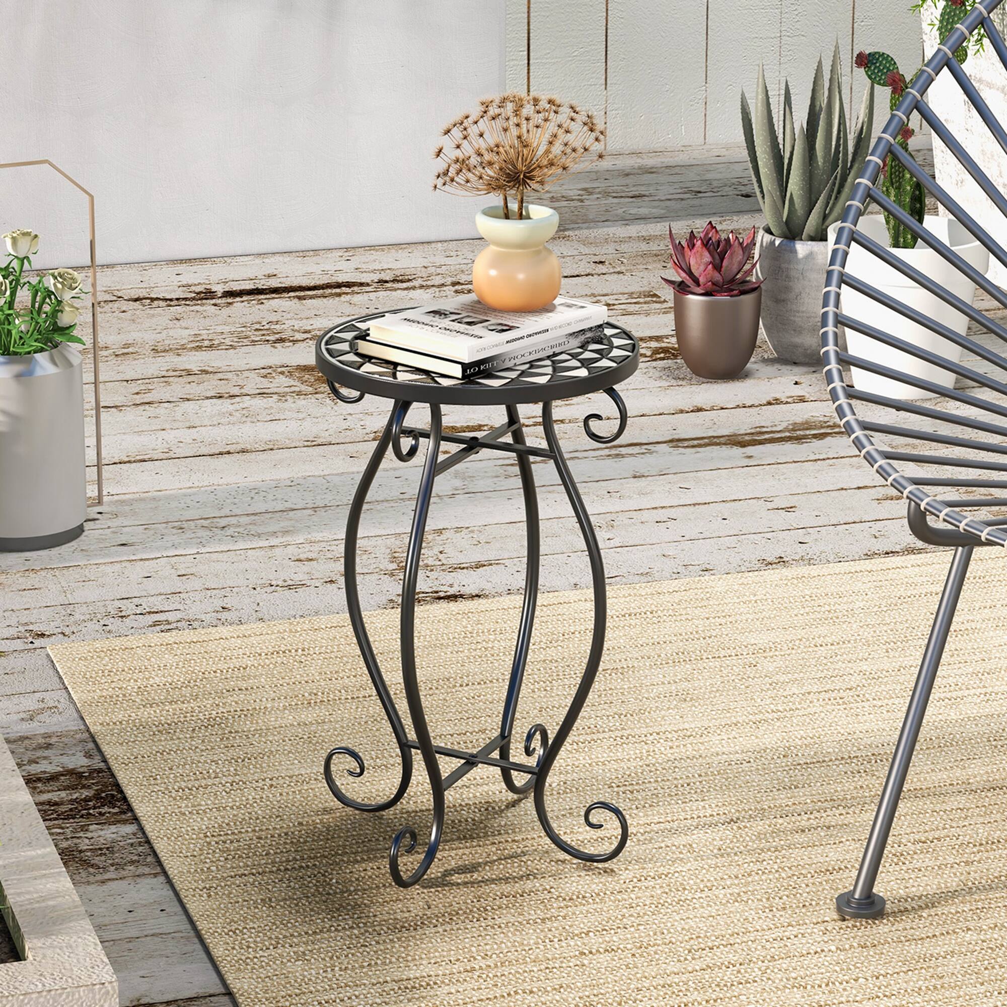 Alt View 4. Costway - Costway Mosaic Outdoor Side Table, Round End Table with Weather Resistant Ceramic Tile Tabletop - Black/White.