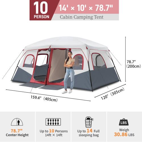 10 PERSON 14' x 10' x 78.7" Cabin Camping Tent

- 78.7" (200cm) Center Height
- 159.4" (405cm) Length
- 120" (305cm) Width
- Up to 10 Persons
- Up to 14 Full sleeping bag
- Weight: 30.86 LBS