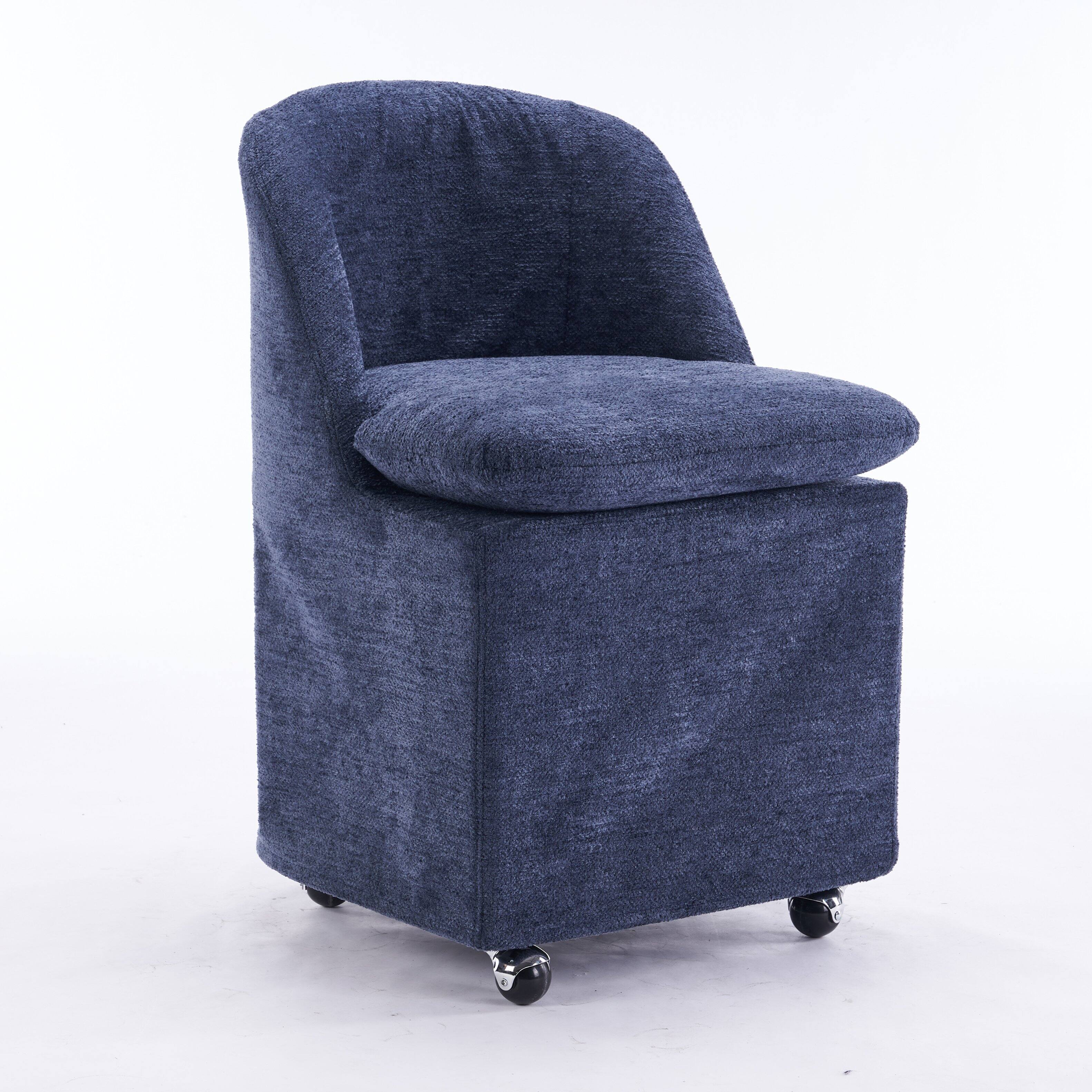 Angle. Whisen - Set of 2 Chenille Upholstered Dining Armchair with 360° Swivel Wheels for Kitchen and Dining - Blue.