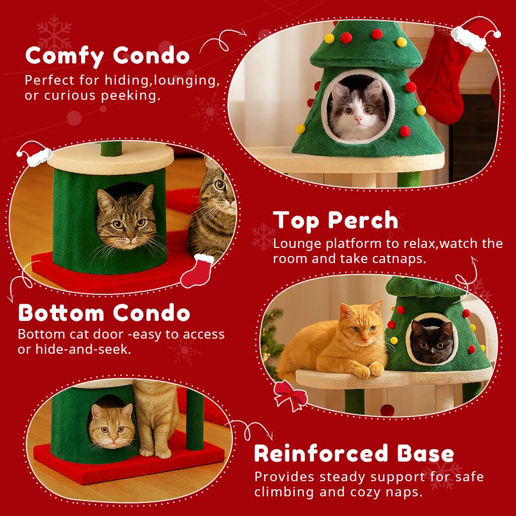 Comfy Condo  
Perfect for hiding, lounging, or curious peeking.

Top Perch  
Lounge platform to relax, watch the room and take catnaps.

Bottom Condo  
Bottom cat door - easy to access or hide-and-seek.

Reinforced Base  
Provides steady support for safe climbing and cozy naps.