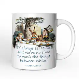 OrnamentallyYou - It's Always Tea Time Mug, Vintage Alice in Mad Tea Party - White