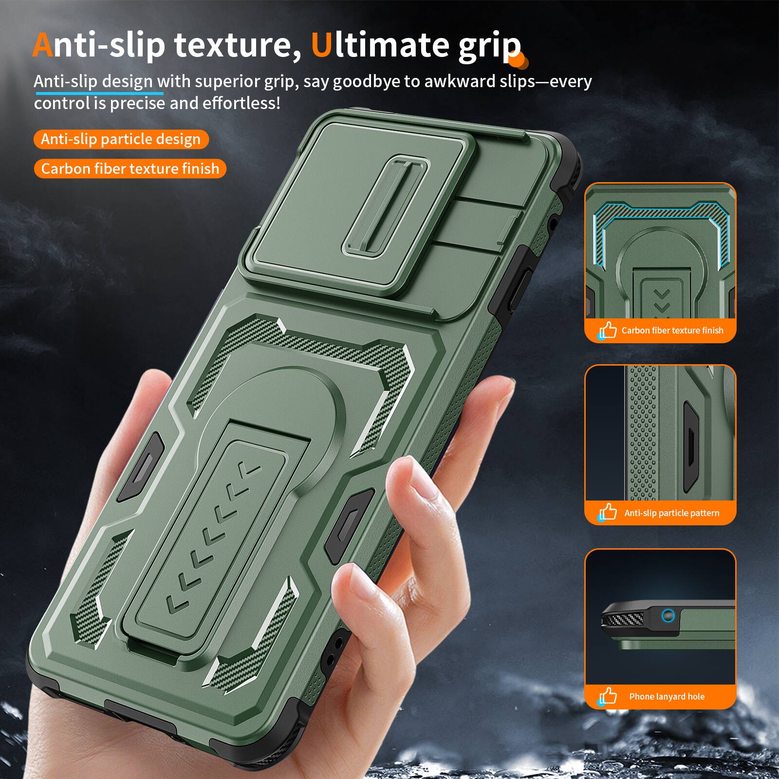 Anti-slip texture, Ultimate grip

Anti-slip design with superior grip, say goodbye to awkward slips—every control is precise and effortless!

Anti-slip particle design
Carbon fiber texture finish

Carbon fiber texture finish
Anti-slip particle pattern
Phone lanyard hole