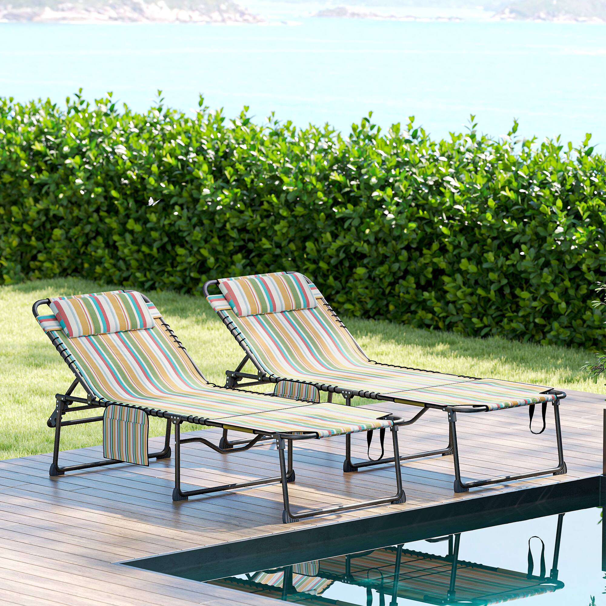 Alt View 8. Outsunny - 2 Piece Folding Chaise Lounge with 5-level Reclining Back, Tanning Chair with Face Hole, Outdoor Lounge Chair - Rainbow Striped.