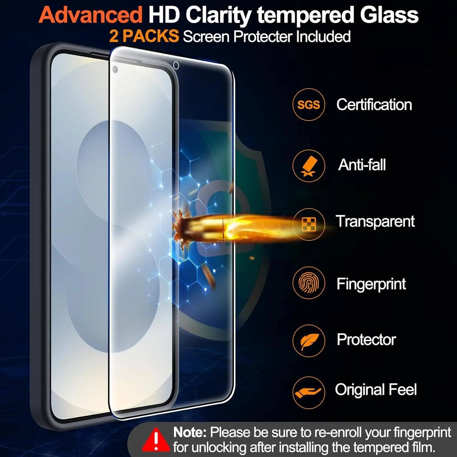 Advanced HD Clarity tempered Glass  
2 PACKS Screen Protector Included  

SGS Certification  
Anti-fall  
Transparent  
Fingerprint  
Protector  
Original Feel  

Note: Please be sure to re-enroll your fingerprint for unlocking after installing the tempered film.