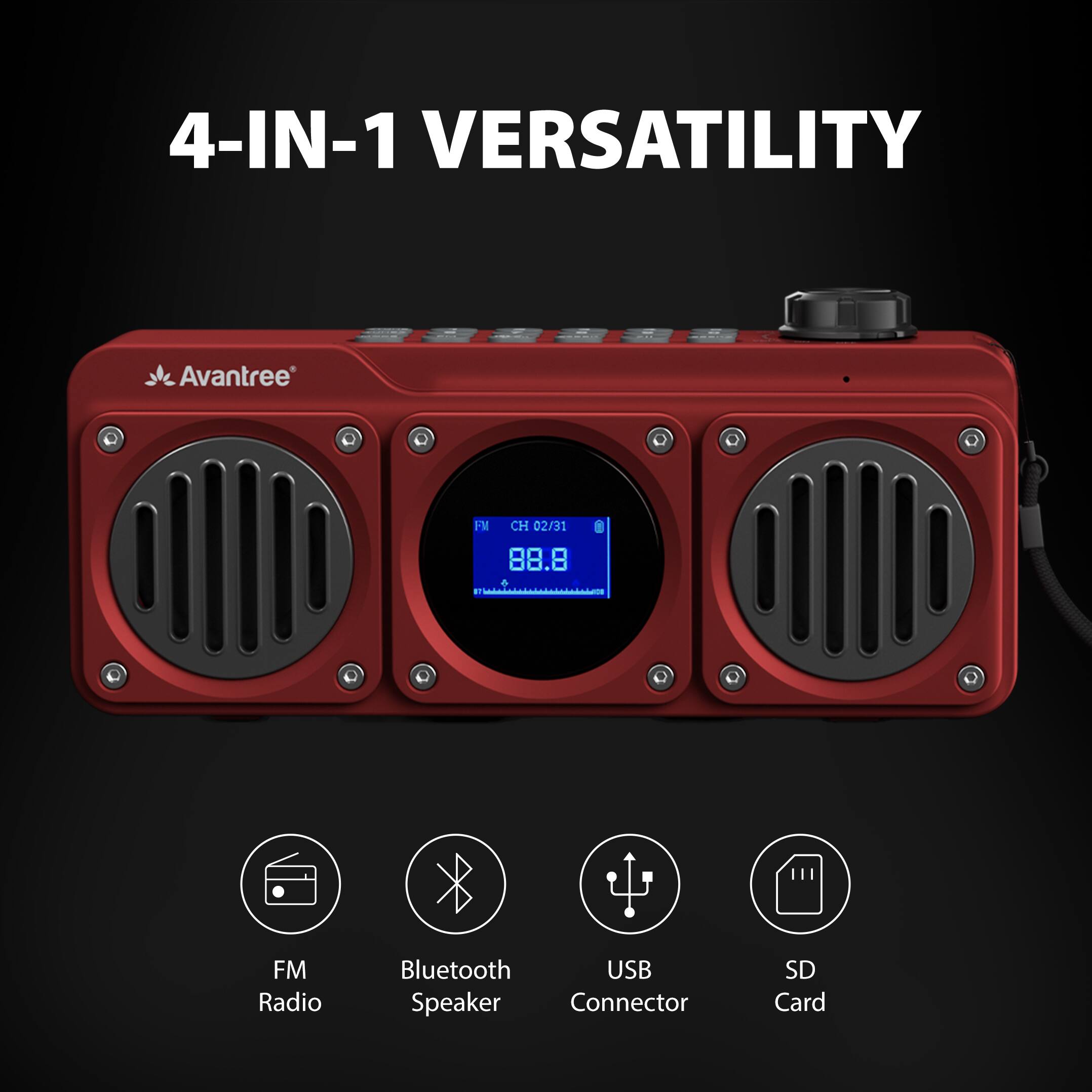 Left. Avantree - Boombyte - Portable Digital FM Radio with Bluetooth Speaker, Superb Sound, Metal Finish - Red.