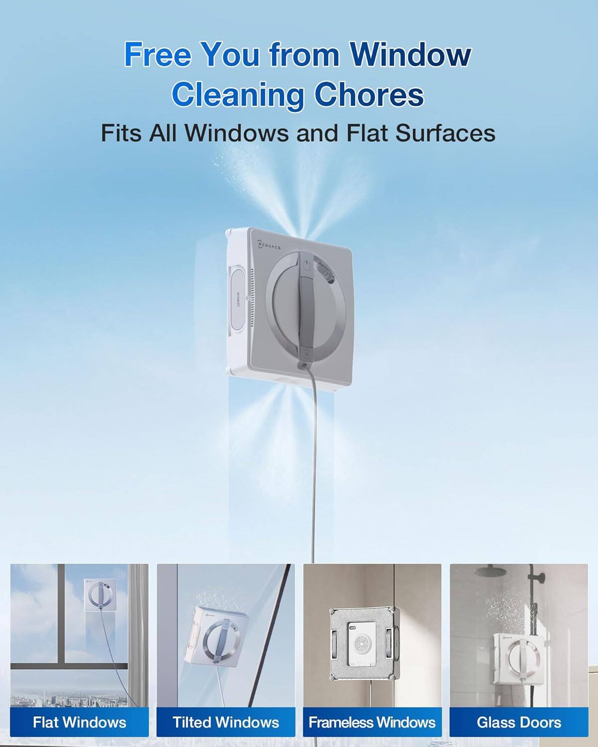 Free You from Window Cleaning Chores  
Fits All Windows and Flat Surfaces  

Flat Windows  
Tilted Windows  
Frameless Windows  
Glass Doors
