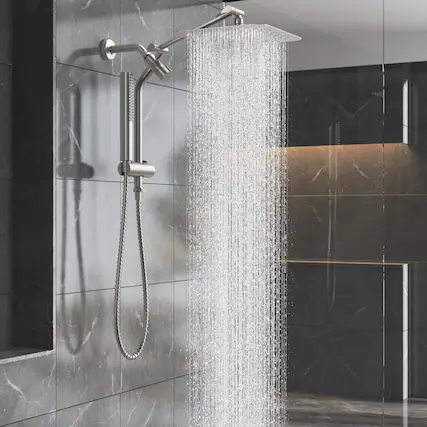 Front. Dazzed Corner - All-Metal Rain Shower Head Combo with Handheld Spray, Adjustable Extension Arm - Brushed Nickel.