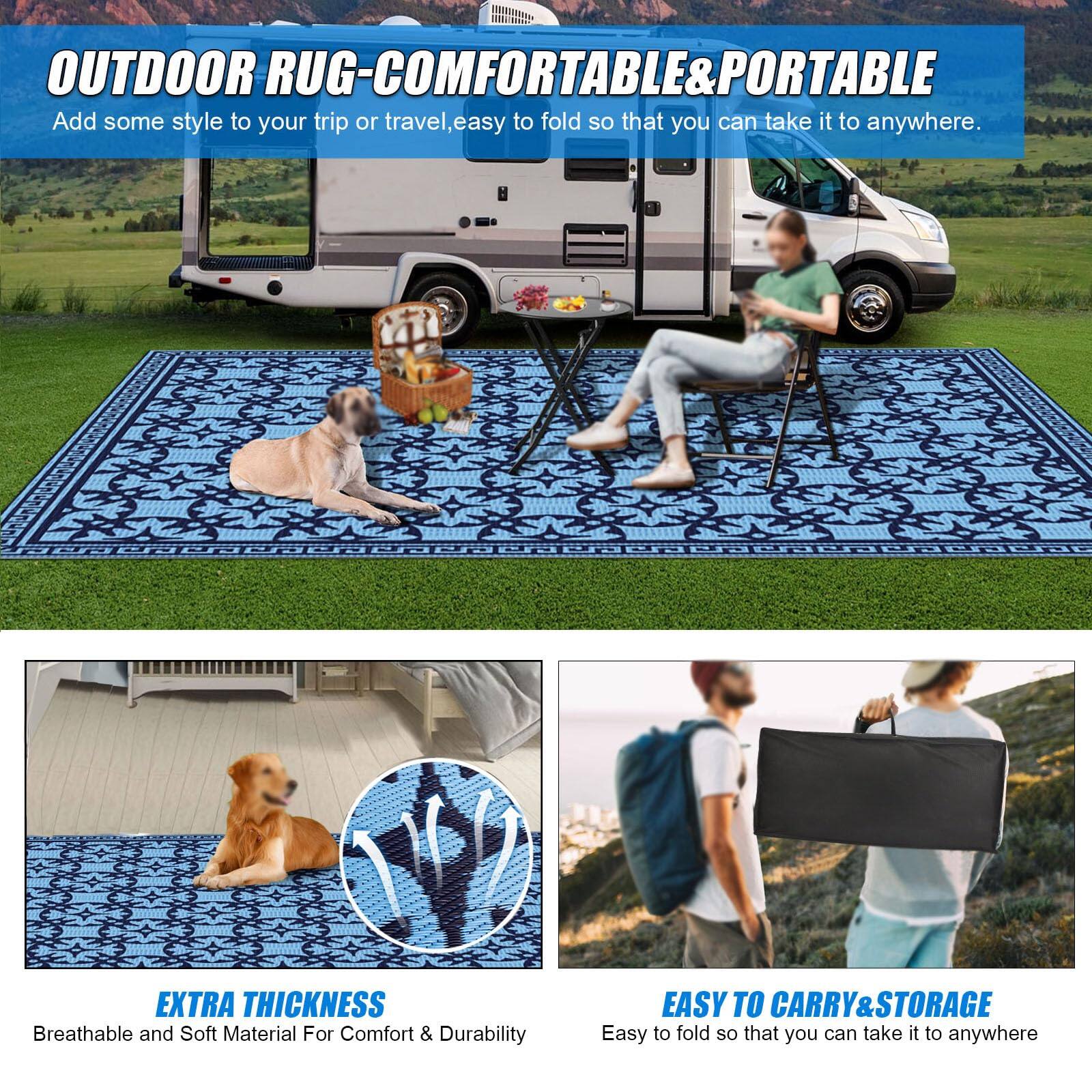 **OUTDOOR RUG - COMFORTABLE & PORTABLE**

Add some style to your trip or travel, easy to fold so that you can take it anywhere.

**EXTRA THICKNESS**

Breathable and Soft Material For Comfort & Durability

**EASY TO CARRY & STORAGE**

Easy to fold so that you can take it anywhere.