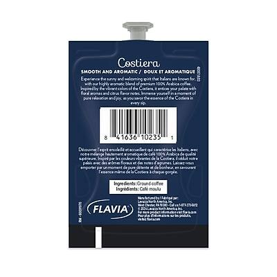 Costiera  
SMOOTH AND AROMATIC / DOUX ET AROMATIQUE  

Experience the sunny and welcoming spirit that Italians are known for with our highly aromatic blend of premium 100% Arabica coffee. Inspired by the vibrant colors of the Costiera, it entices your palate with bold aromas and citrus flavor notes. Immerse yourself in a moment of pure relaxation as you savor the essence of the Costiera in every sip.  

Ingredients: Ground coffee  

FLAVIA  

8 41636 10235 1  

Découvrez le parfum exquis et accueillant qui caractérise le café de la Costiera. Ingrédients: Café 100% Arabica de par les couleurs de la Costiera s'attache à votre palais avec des arômes et des notes de fruits. Laissez-vous parfumer par un moment de pure détente et de plaisir en chaque gorgée.  

Ingredients: Café moulu  

Made in Italy / Fabriqué en Italie  

FLAVIA