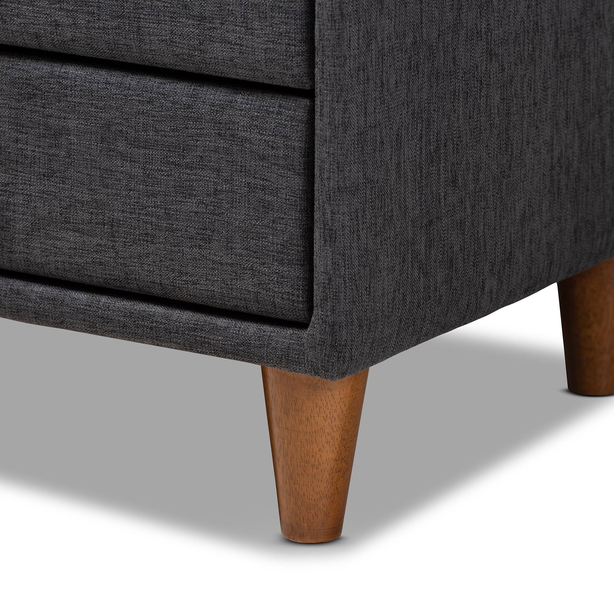 Alt View 2. Baxton Studio - Claverie Mid-Century Modern Charcoal Fabric Upholstered 2-Drawer Wood Nightstand - Charcoal.
