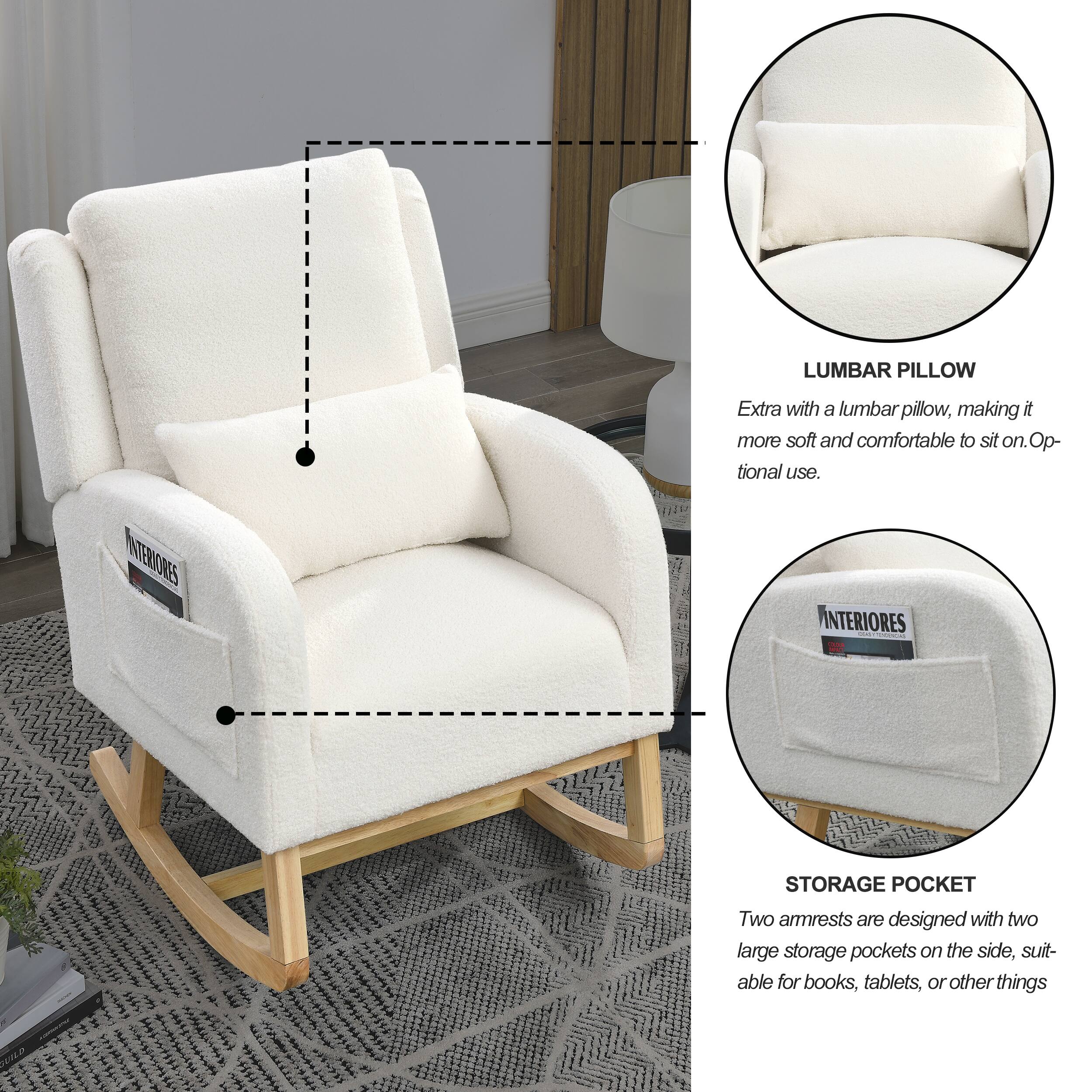 LUMBAR PILLOW  
Extra with a lumbar pillow, making it more soft and comfortable to sit on. Optional use.

STORAGE POCKET  
Two armrests are designed with two large storage pockets on the side, suitable for books, tablets, or other things.