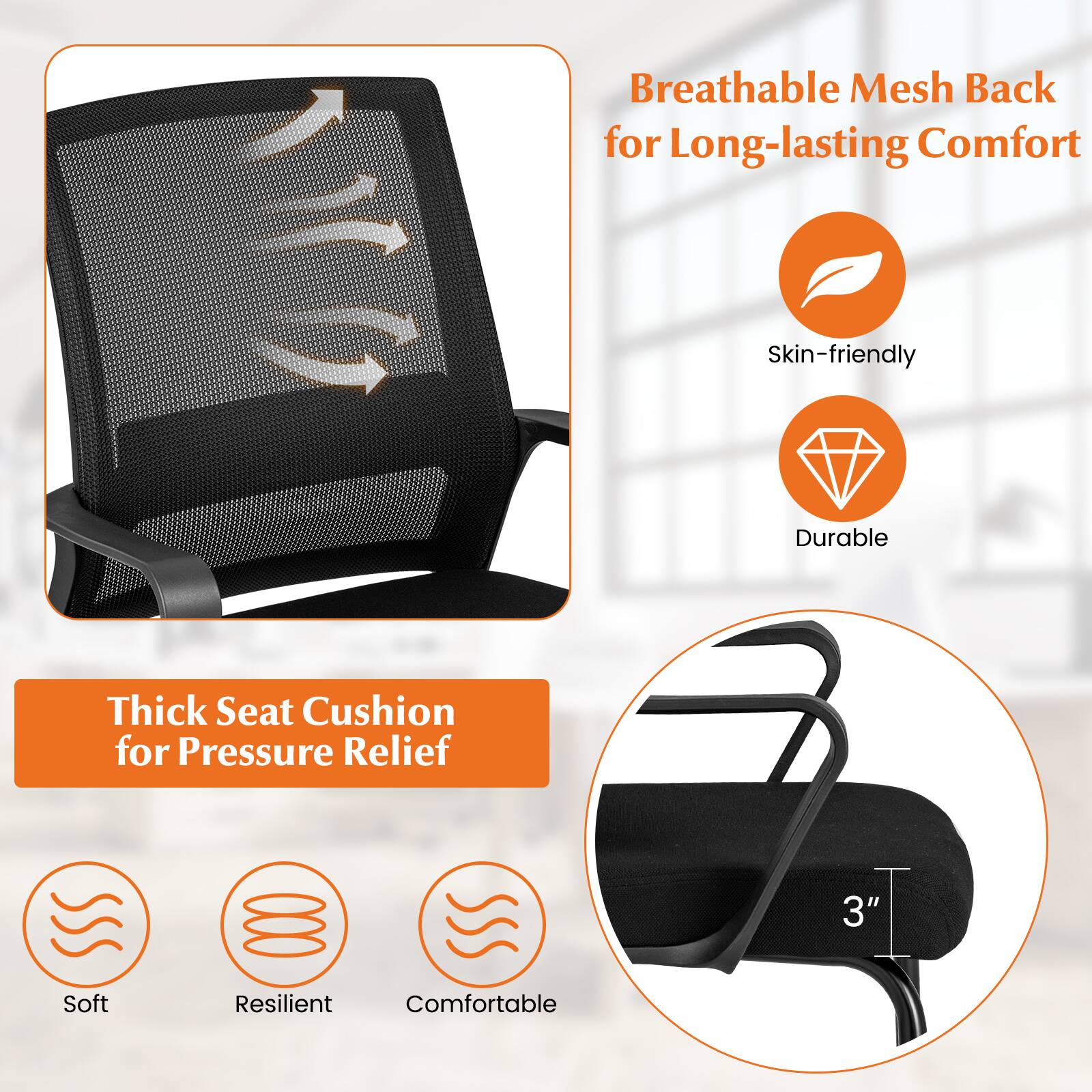 Breathable Mesh Back for Long-lasting Comfort, Skin-friendly, Durable, Thick Seat Cushion for Pressure Relief, 3" Soft Resilient, Comfortable.