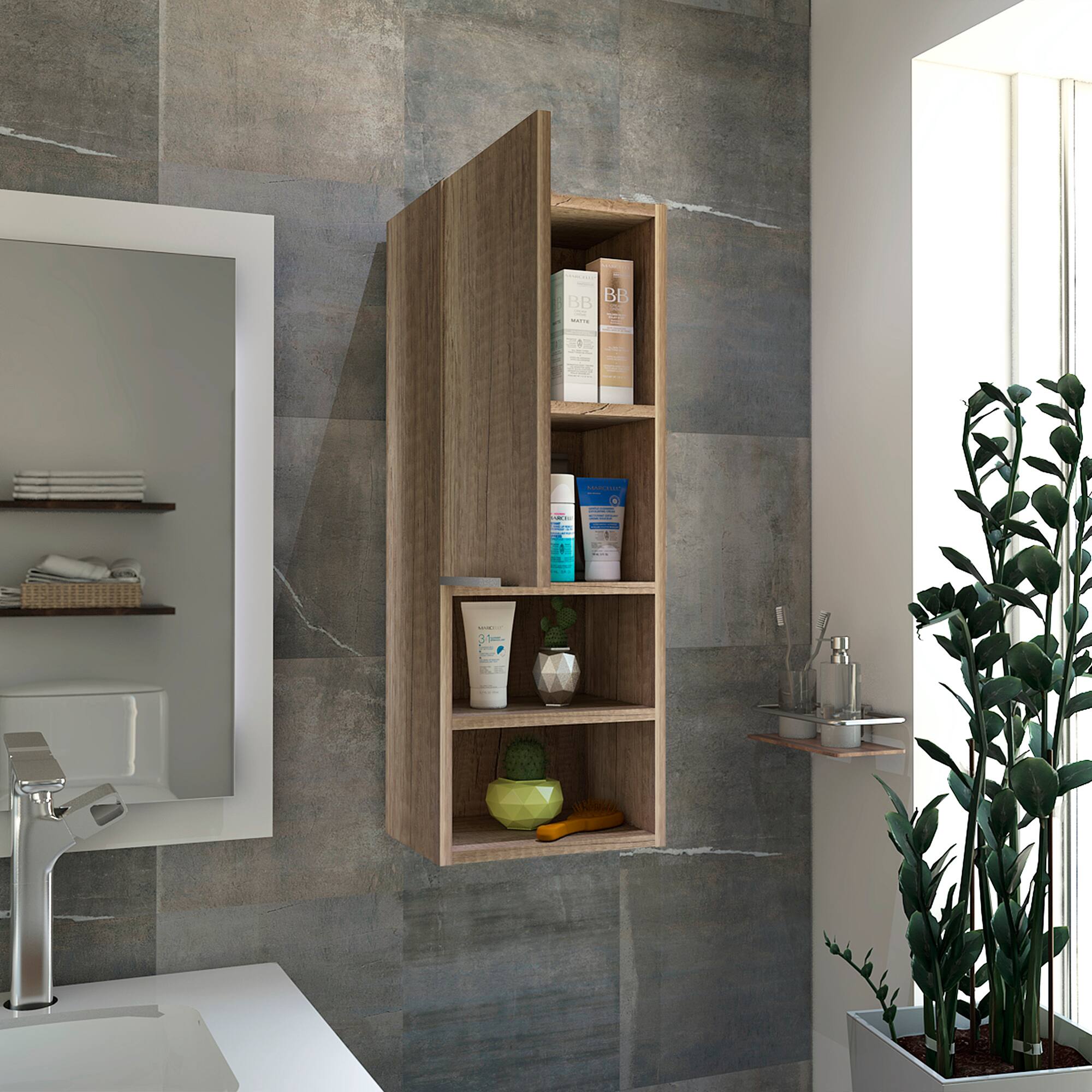 Left. TuHome - Mila Bathroom Cabinet, Two Interior Shelves, Two External Shelves, Single Door Cabinet - Pine.