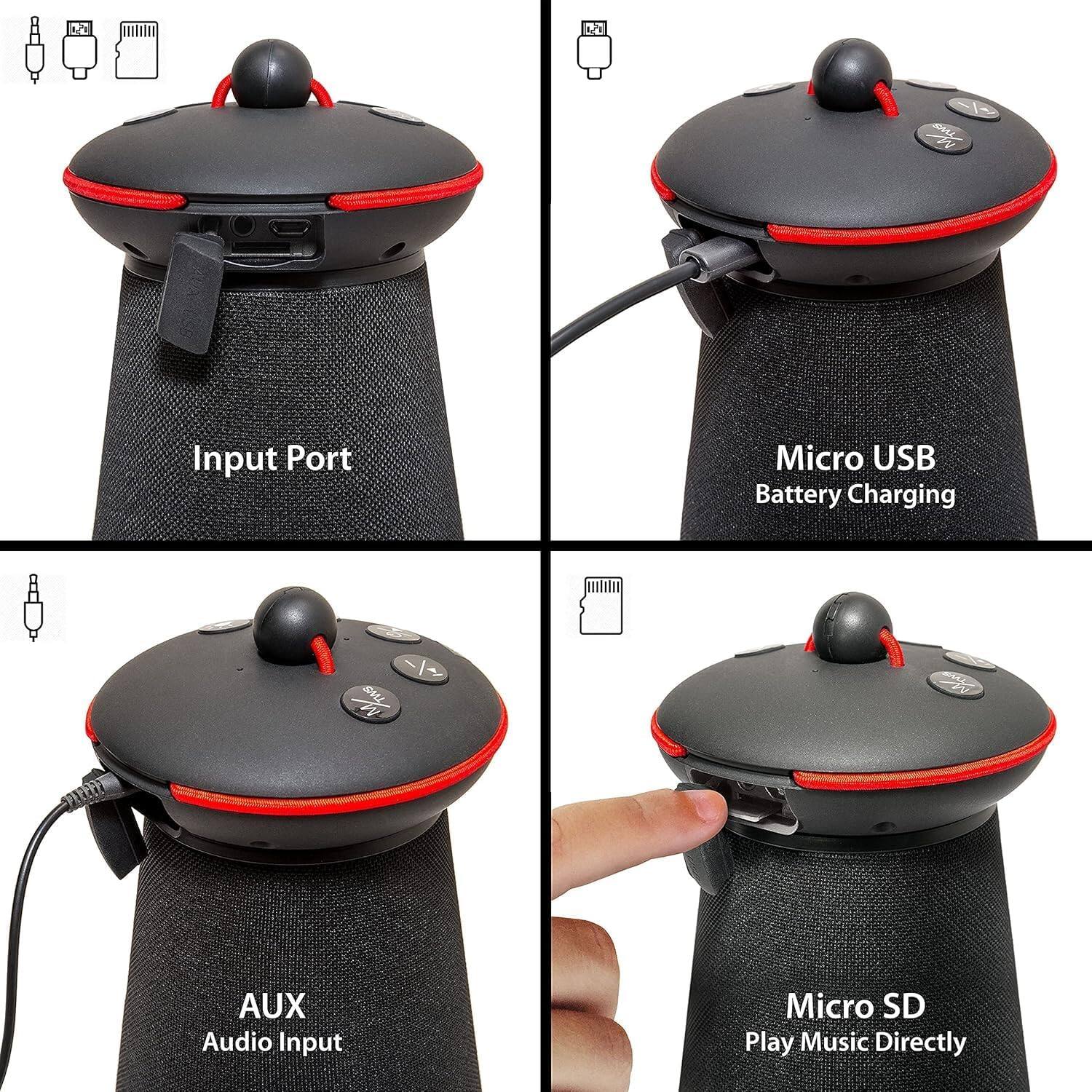 - Input Port
- Micro USB Battery Charging
- AUX Audio Input
- Micro SD Play Music Directly