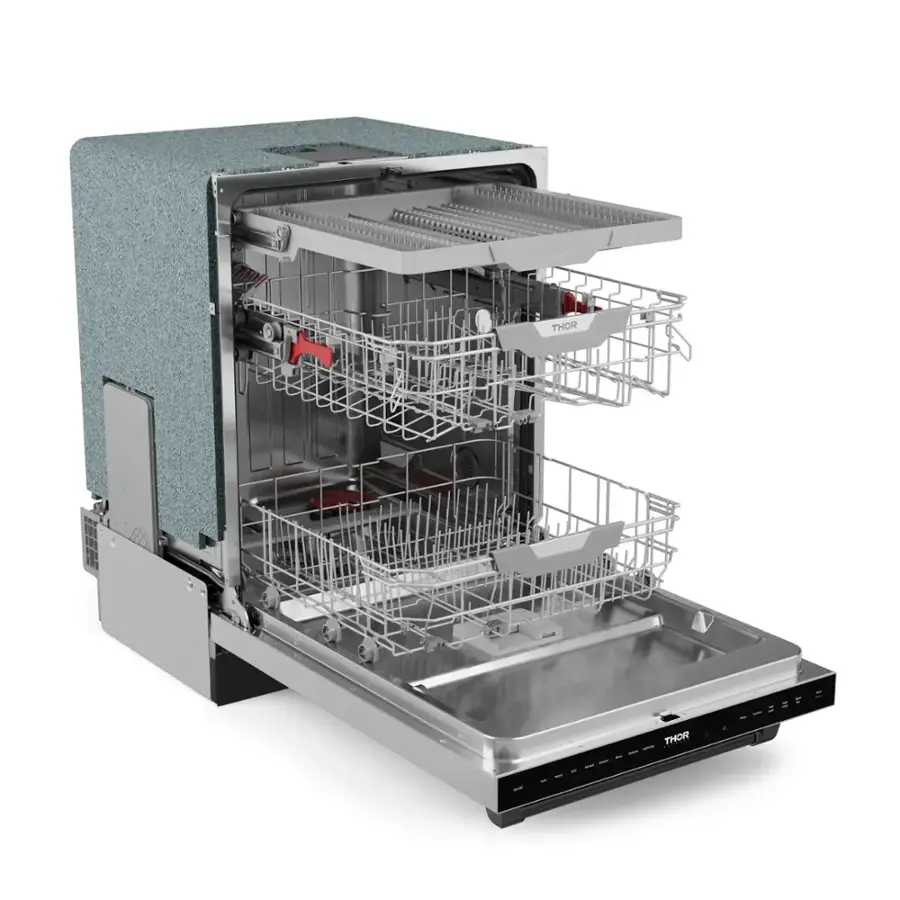 The image shows a dishwasher with its door open, revealing the interior with a silver rack and a silver sink. The dishwasher is made of stainless steel and has a silver handle. The door is open, allowing a clear view of the rack and sink inside.