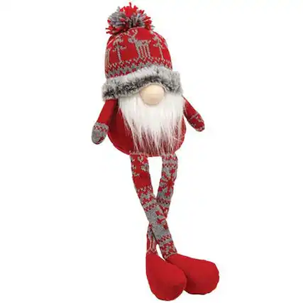 Front. BreeBe - *Small Nordic Snowflake Beanie Hat Dangle Leg Gnome - Red, Grey.
