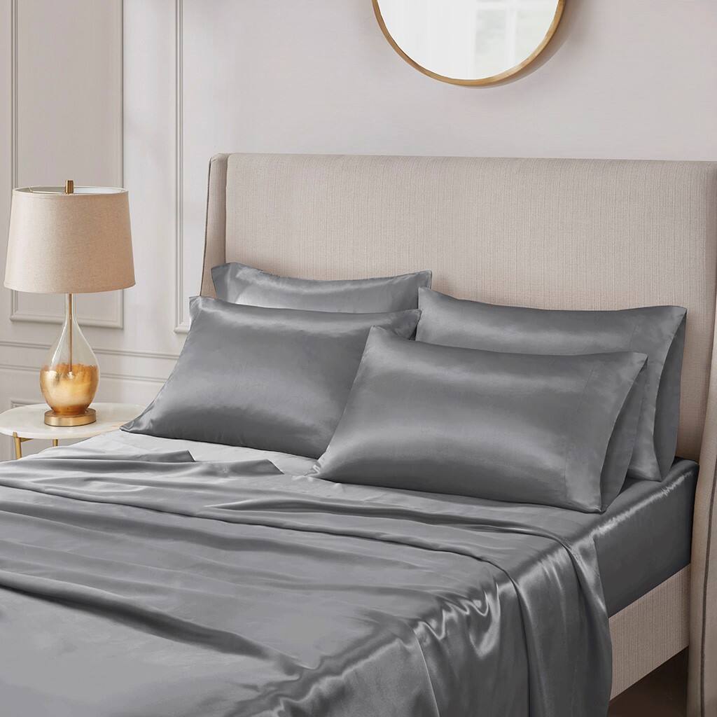 Alt View 1. Gracie Mills - Gracie Mills Coralie 6-Piece Wrinkle-free Satin Sheet Set - Grey.