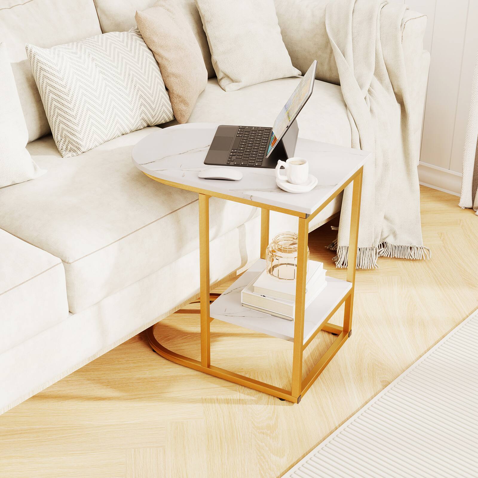Alt View 3. Gymax - Gymax C-Shaped Side Table Compact 2-tier Storage End Table for Small Space White - White.